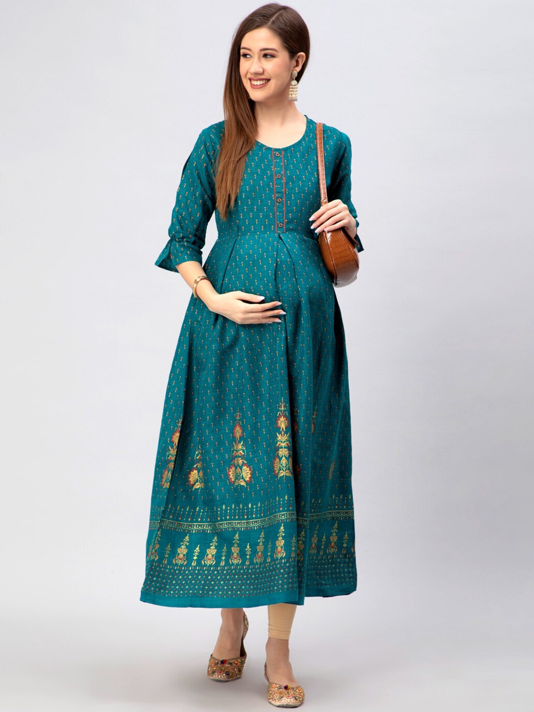 

CEE-18 Ethnic Motifs Printed A-Line Midi-Length Maternity Ethnic Dress, Teal