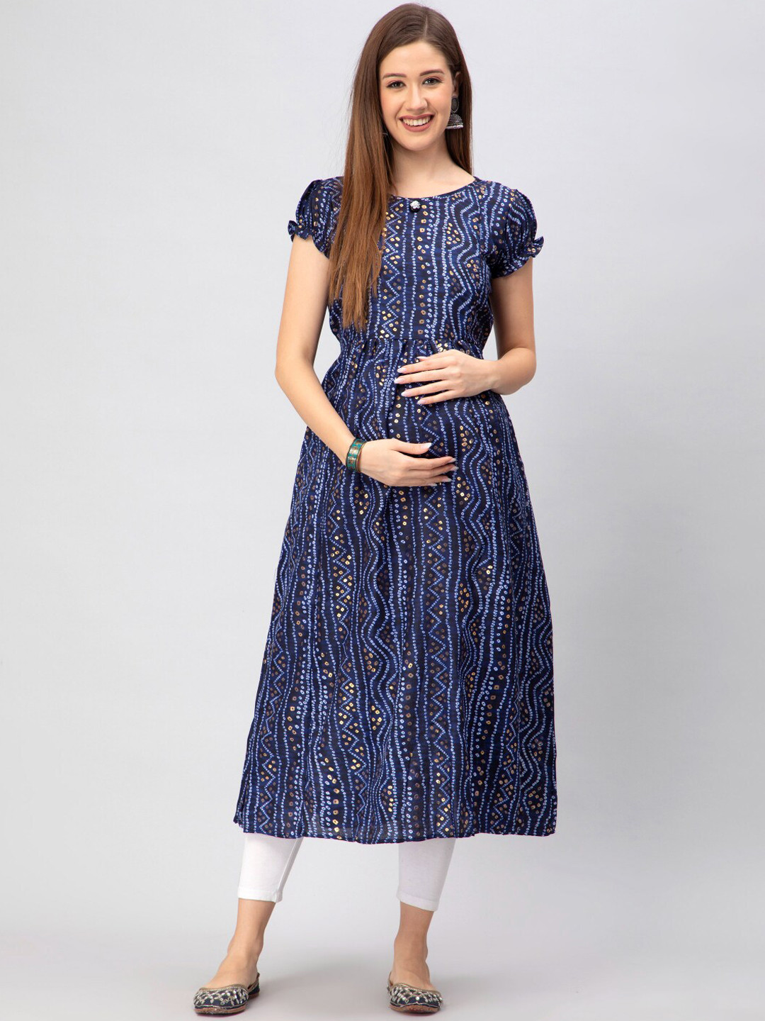 

CEE-18 Ethinic Motif Printed Cotton Maternity Feeding Kurta, Navy blue