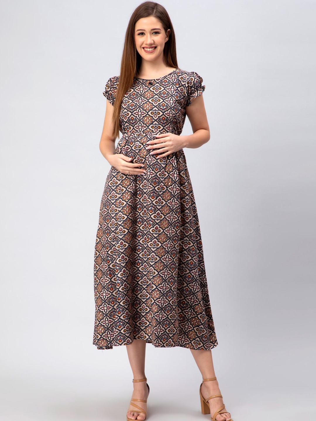 

CEE-18 Geometric Printed Puff Sleeves A-Line Midi-Length Maternity Ethnic Dress, Brown