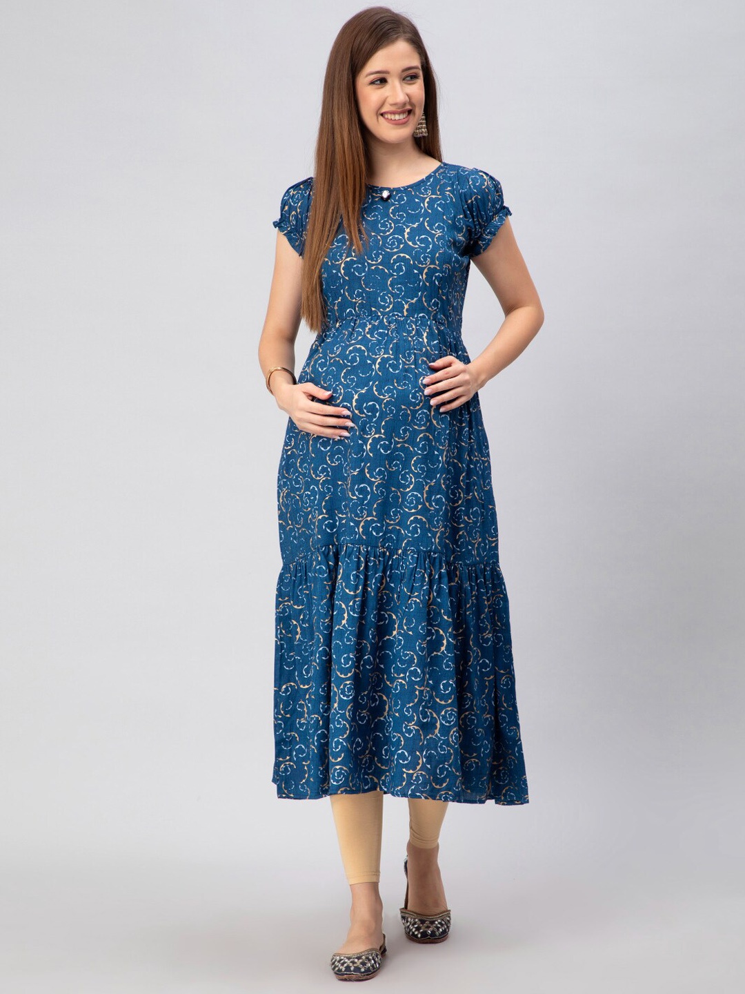 

CEE-18 Abstract Printed Puff Sleeves A-Line Midi-Length Maternity Ethnic Dress, Blue