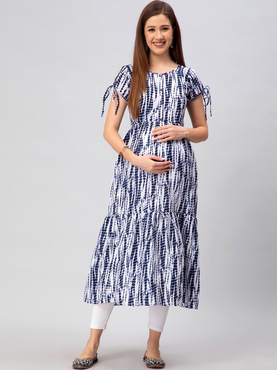 

CEE-18 Abstract Printed A-Line Maternity Feeding Ethnic Dress, Blue
