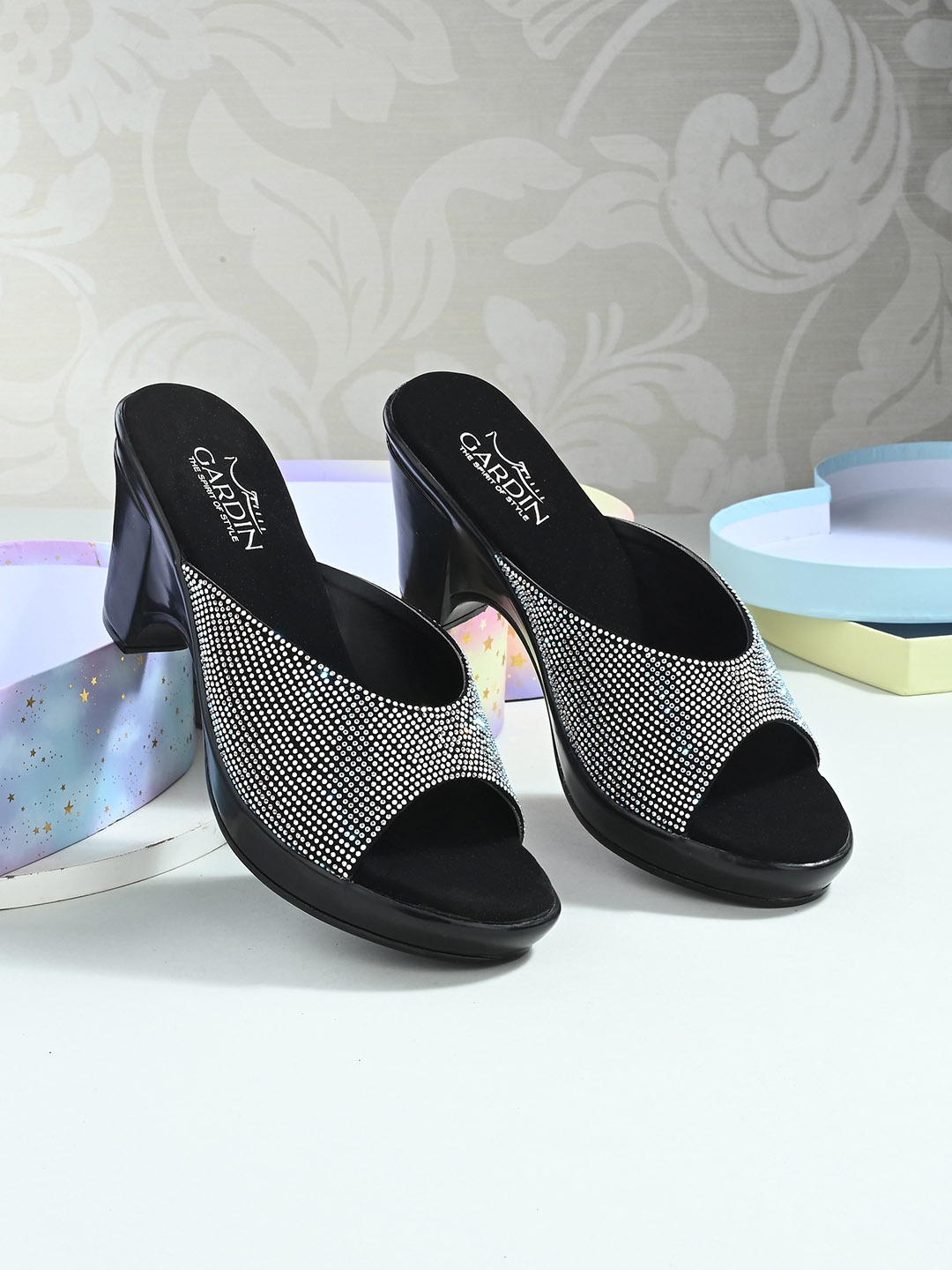 

GARDIN Embellished Suede Open Block Heels, Black