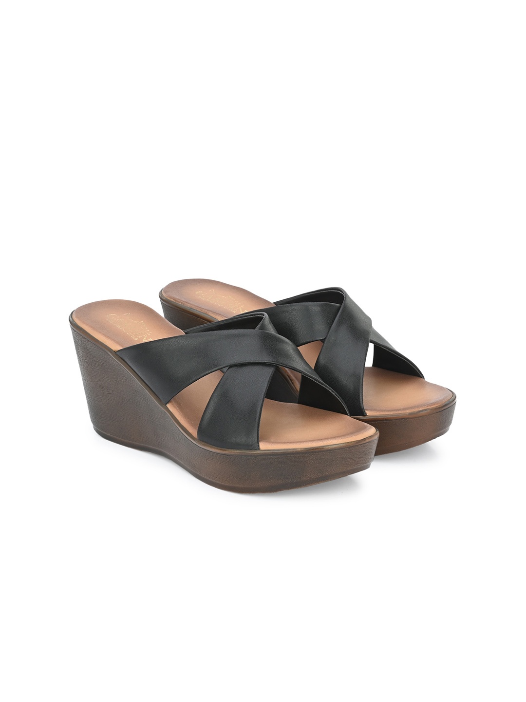 

GARDIN Cross Strap Open Toe Wedges, Black
