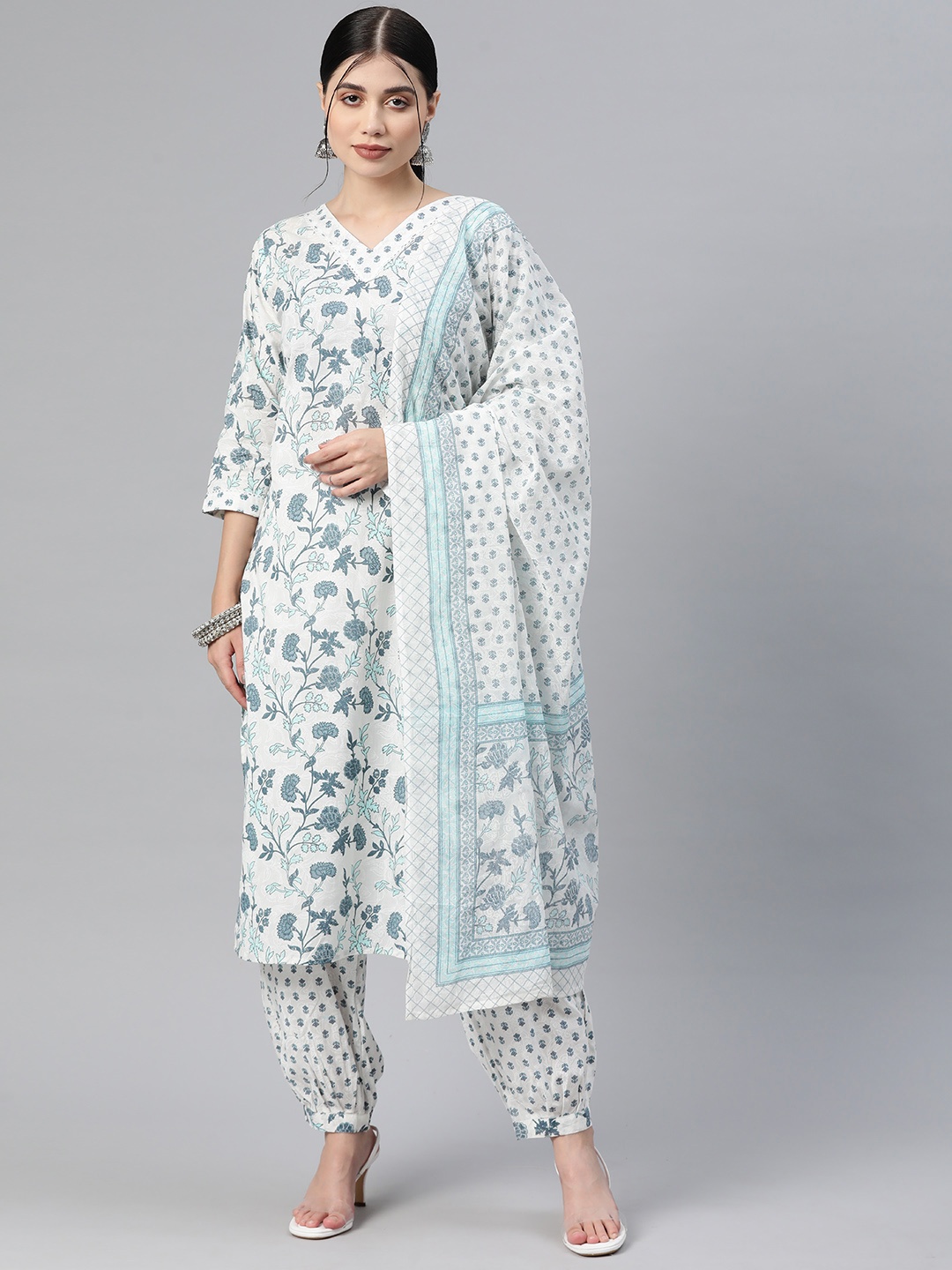 

Readiprint Floral Printed Pure Cotton Kurta With Salwar & Dupatta, Blue