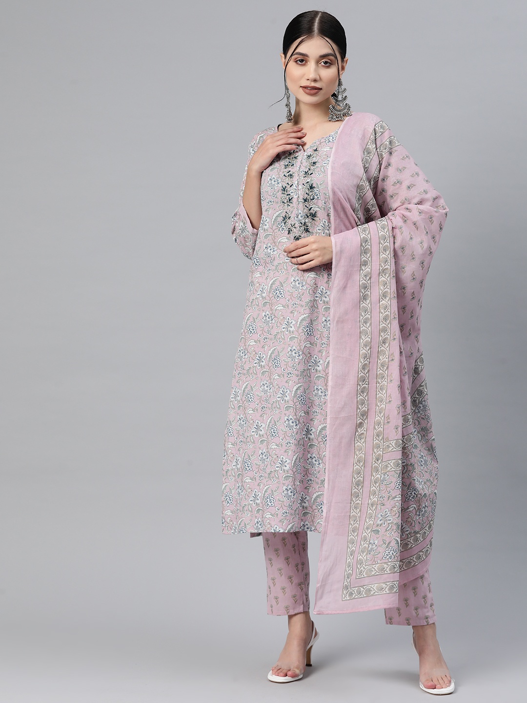 

Readiprint Floral Printed Beads & Stones Pure Cotton Kurta Set, Mauve