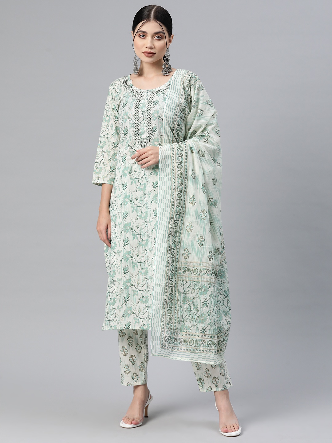 

Readiprint Fashions Floral Printed Zari Pure Cotton Kurta With Palazzos & Dupatta, Green