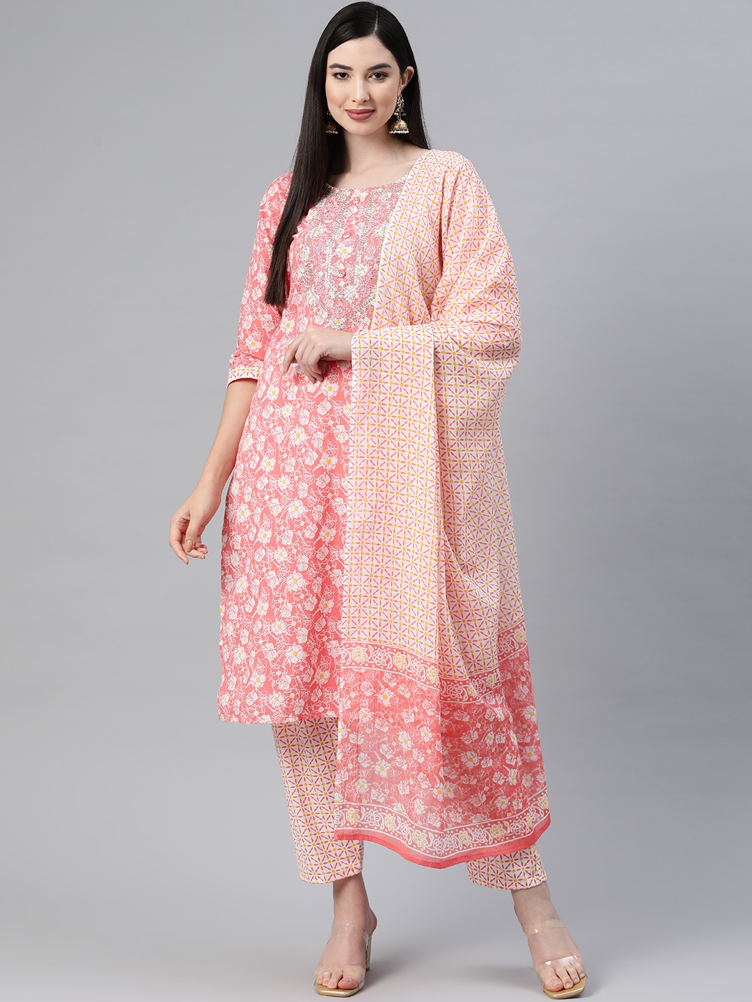 

Readiprint Fashions Floral Printed Zari Pure Cotton Kurta With Palazzos & Dupatta, Peach