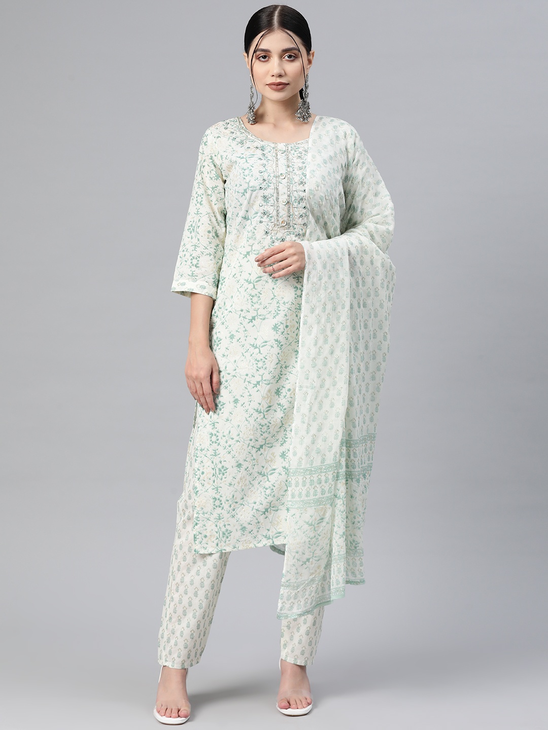 

Readiprint Fashions Floral Printed Mirror Work Pure Cotton Kurta With Palazzos & Dupatta, Green