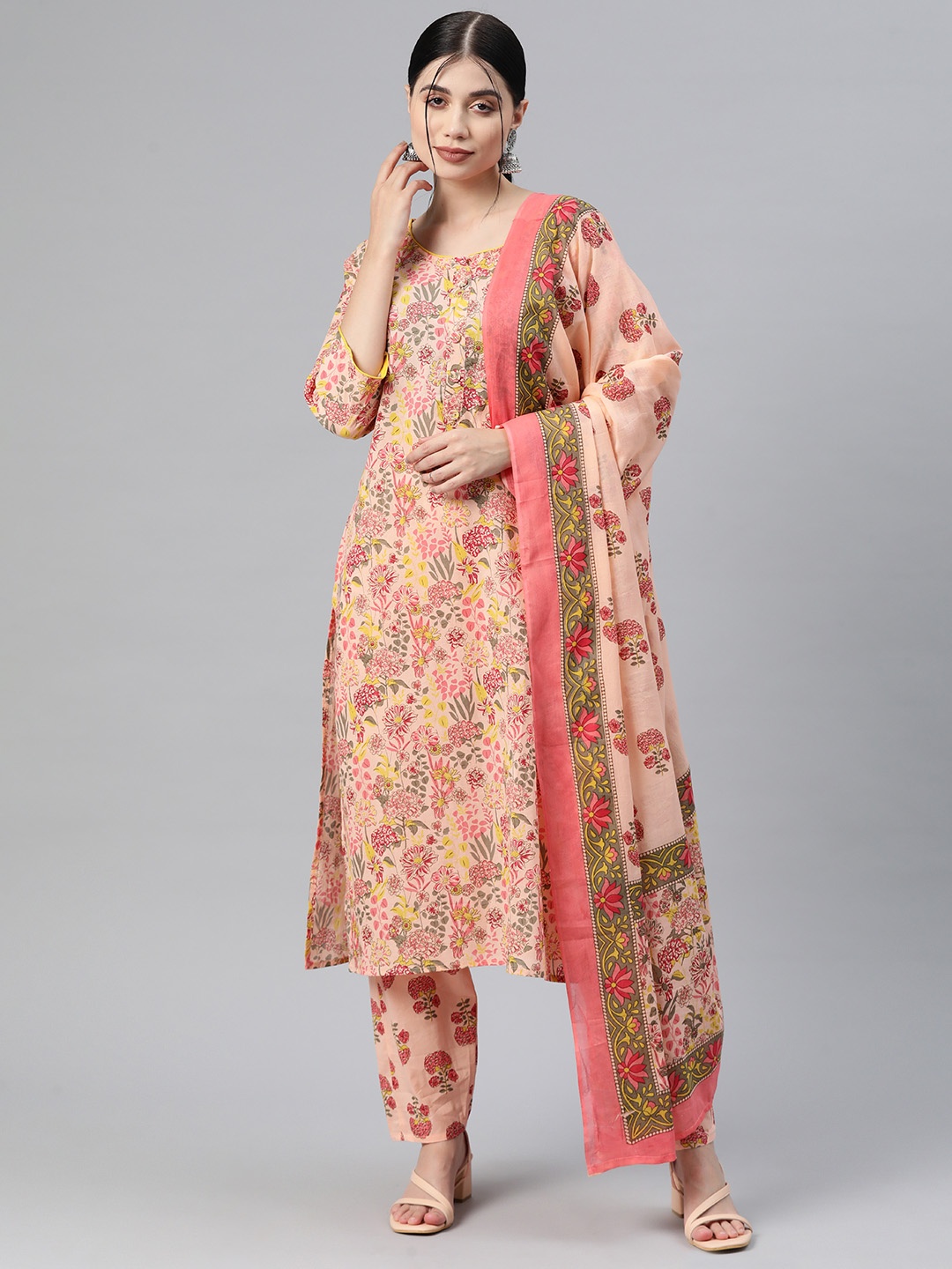 

Readiprint Fashions Floral Printed Regular Pure Cotton Kurta With Palazzos & Dupatta, Peach