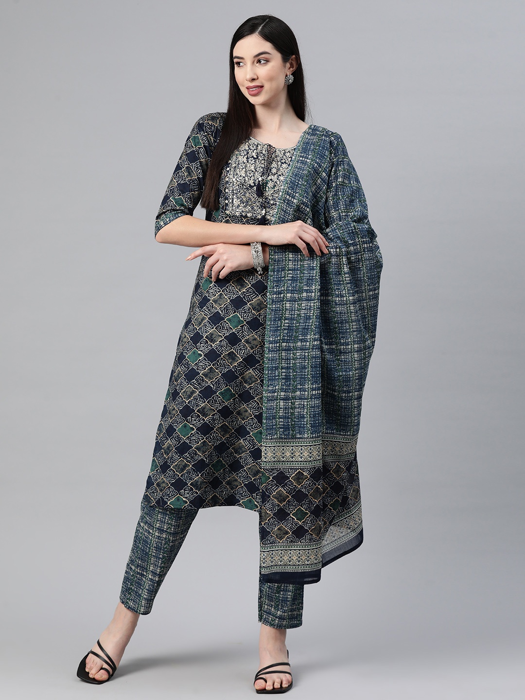 

Readiprint Ethnic Motifs Printed Mirror Work Pure Cotton Kurta Set, Navy blue