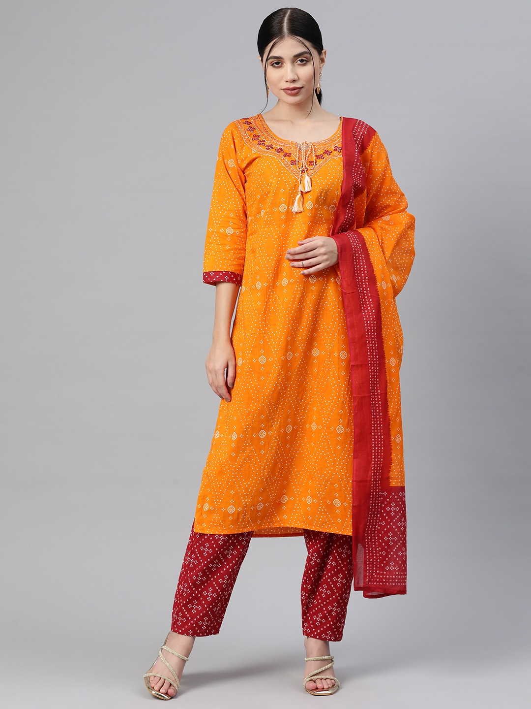 

Readiprint Fashions Bandhani Printed Mirror Work Pure Cotton Kurta With Palazzos & Dupatta, Orange