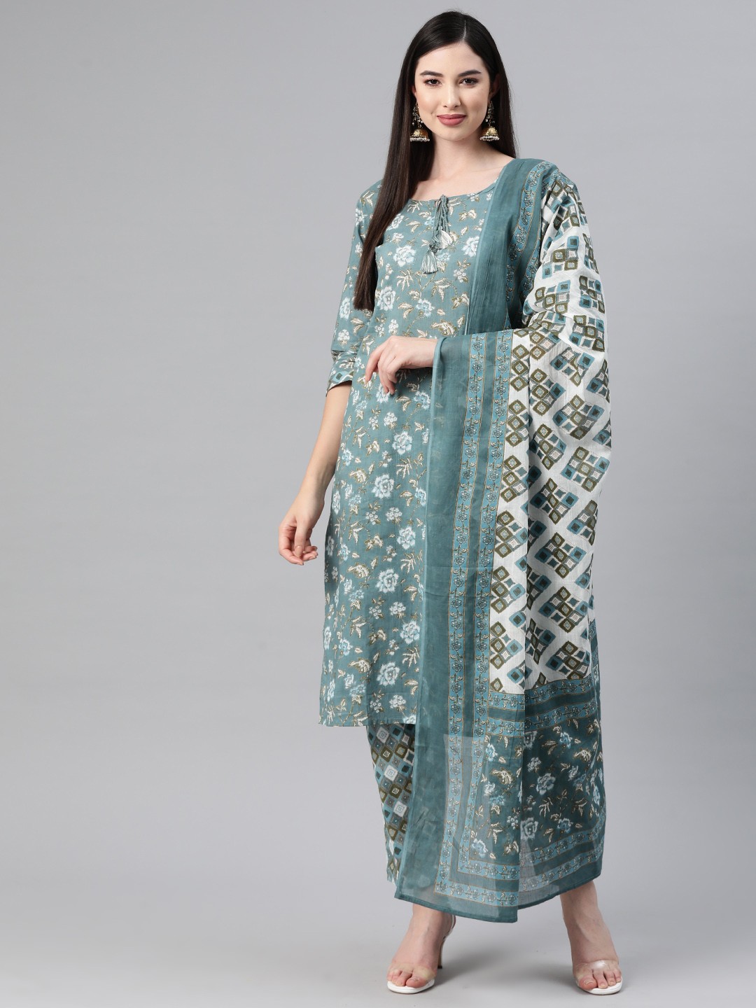 

Readiprint Fashions Floral Printed Pure Cotton Kurta With Palazzos & Dupatta, Green