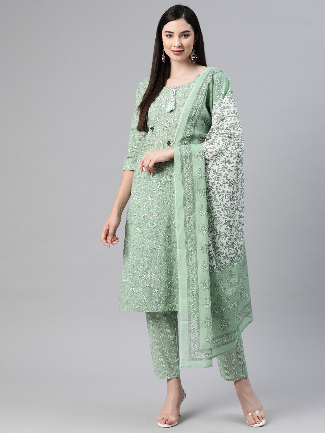 

Readiprint Floral Printed Tie-Up Neck Sequinned Pure Cotton Kurta Set, Green