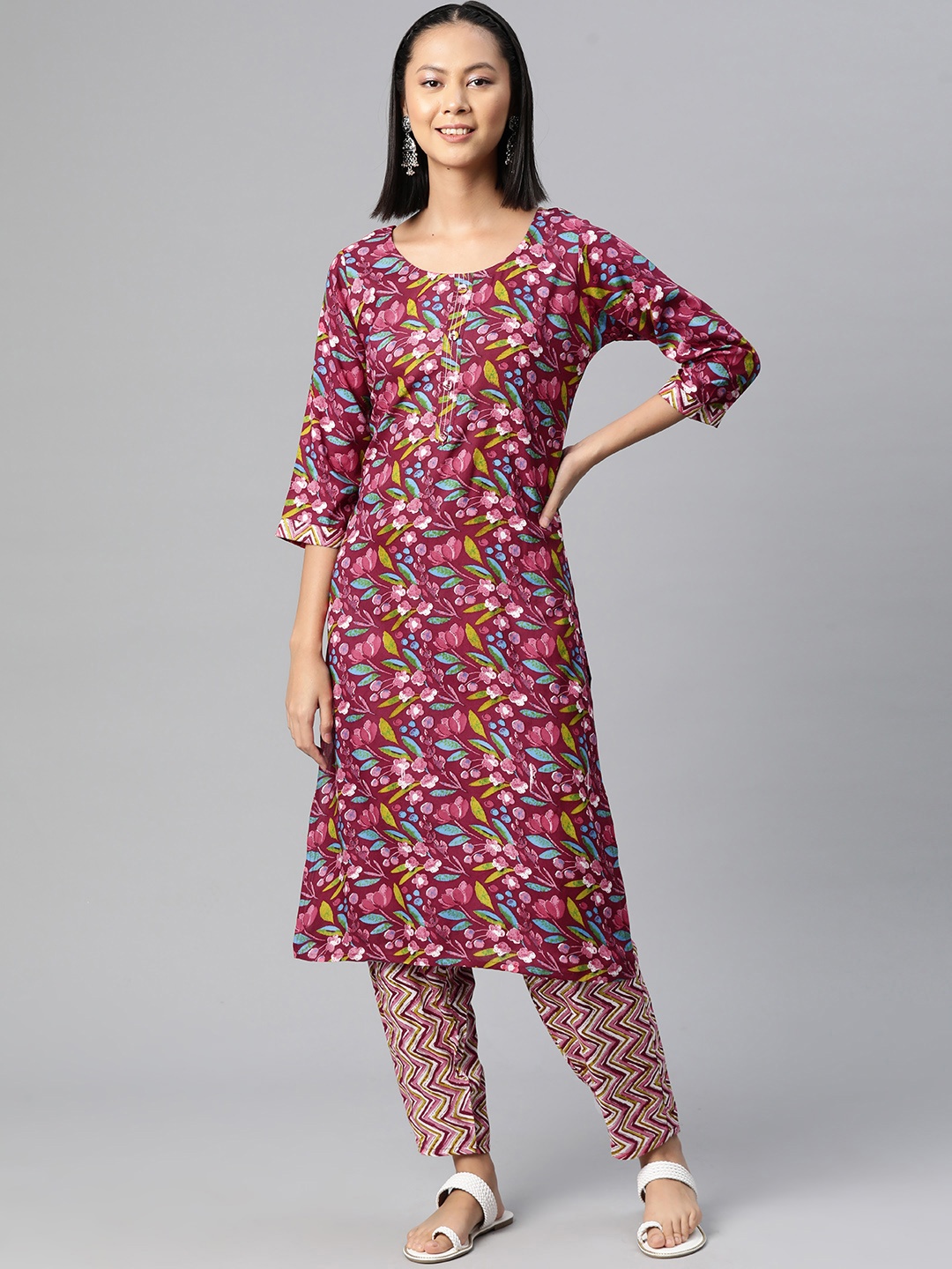 

Readiprint Fashions Women Floral Printed Regular Pure Cotton Kurta with Palazzos, Pink