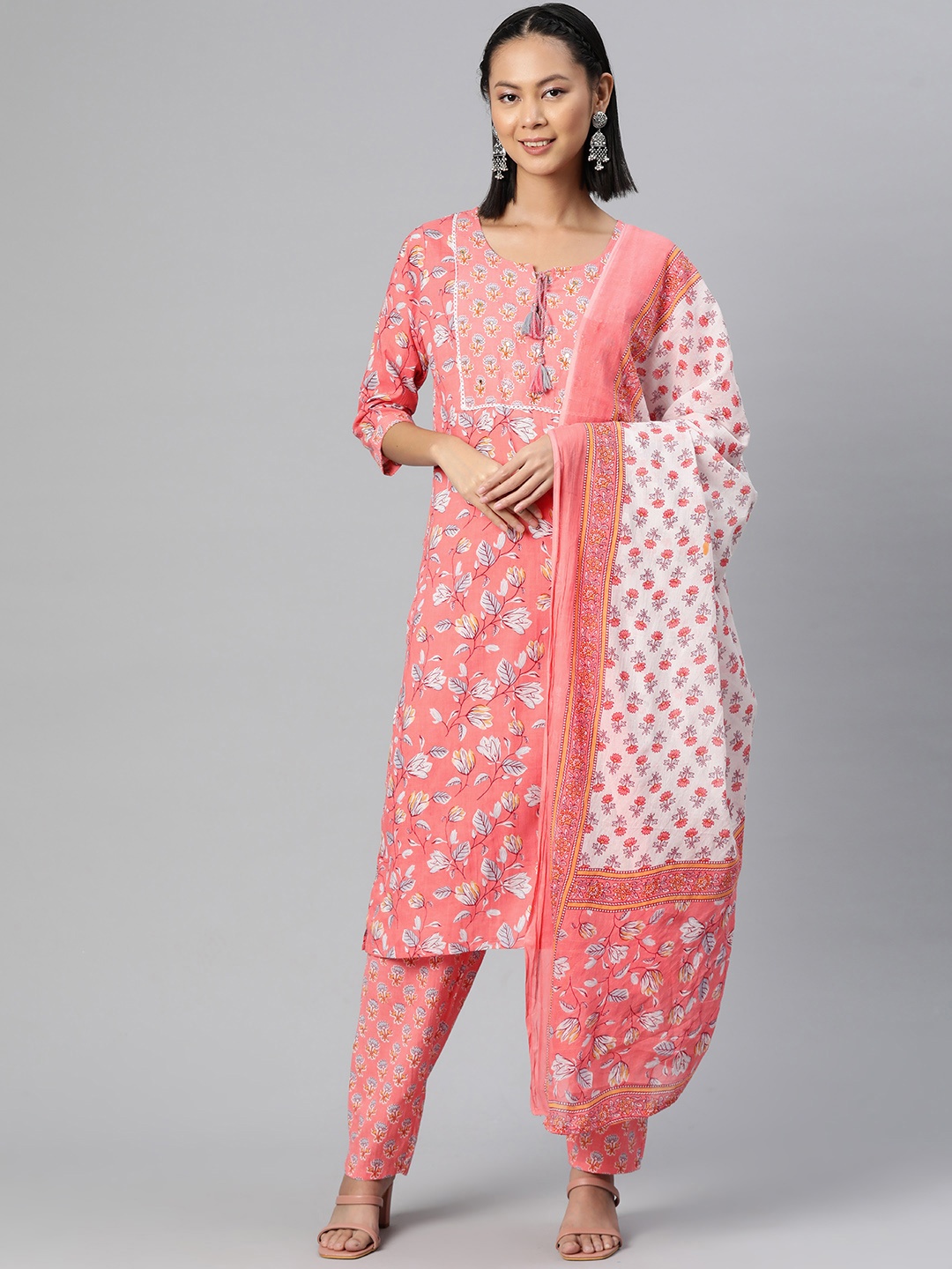 

Readiprint Fashions Floral Printed Sequinned Pure Cotton Kurta with Palazzos & Dupatta, Peach