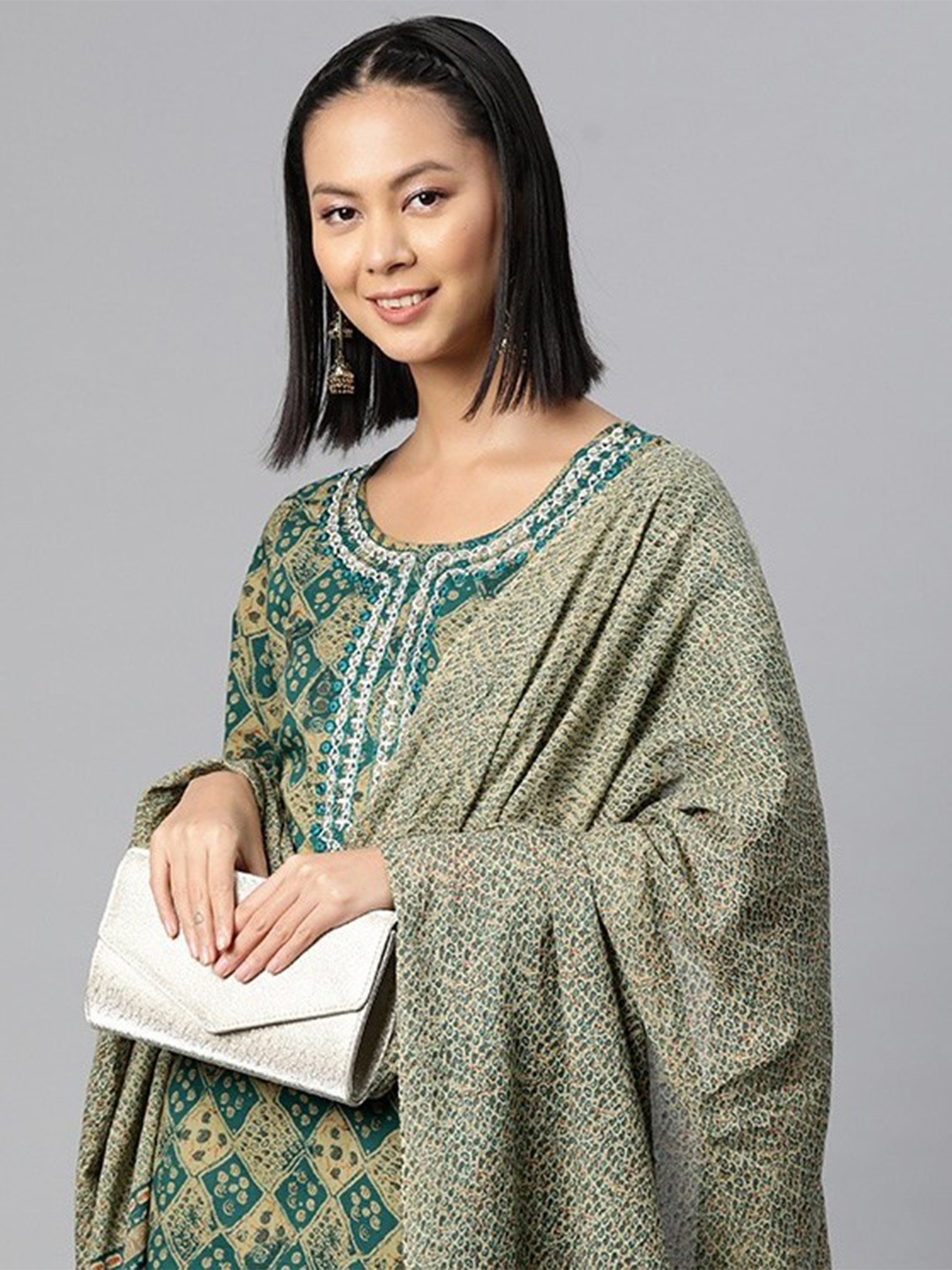

Readiprint Women Green Printed Regular Mirror Work Pure Cotton Kurta with Palazzos & With Dupatta