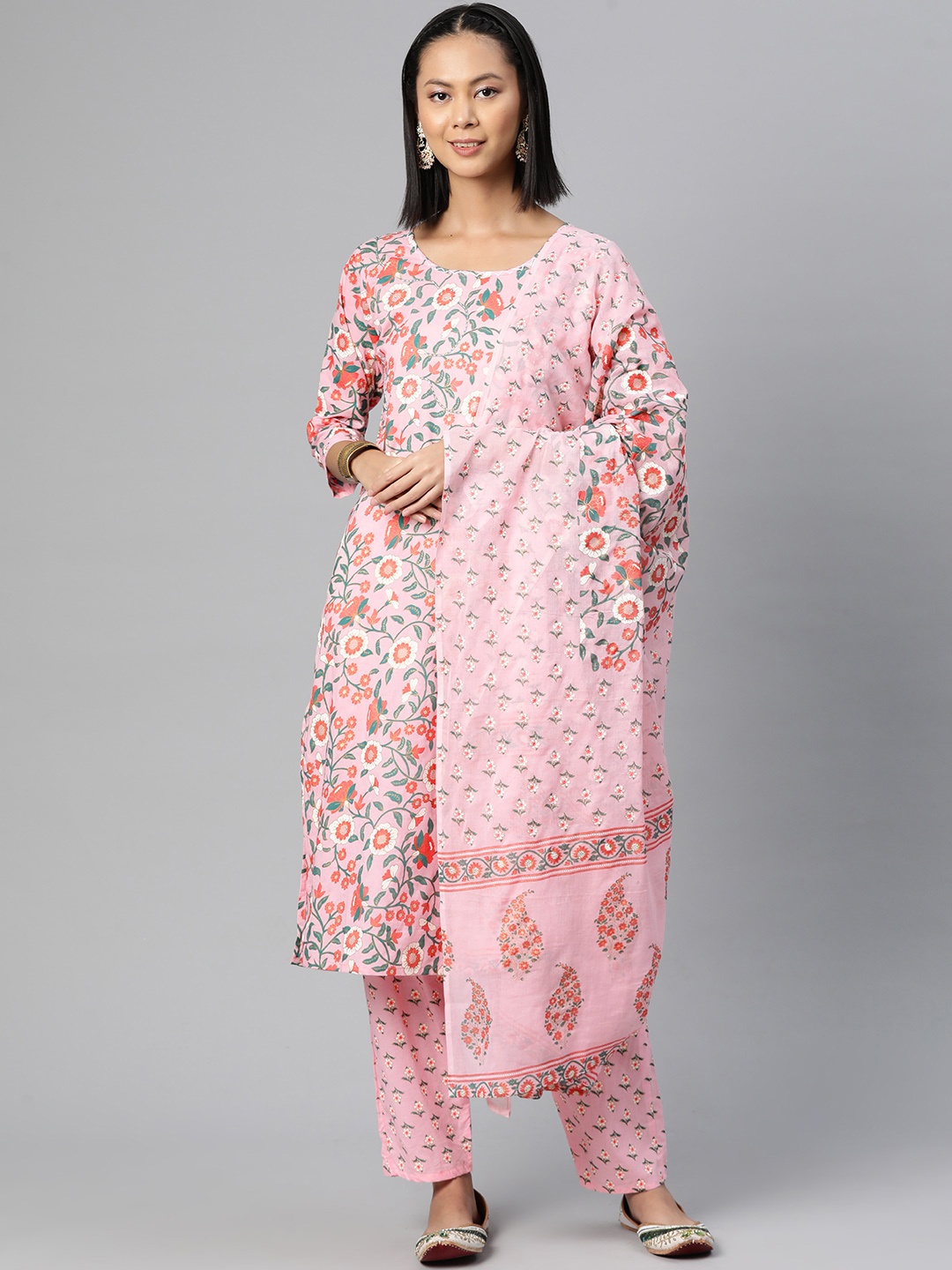 

Readiprint Floral Printed Kantha Work Cotton Kurta with Palazzos & Dupatta, Pink