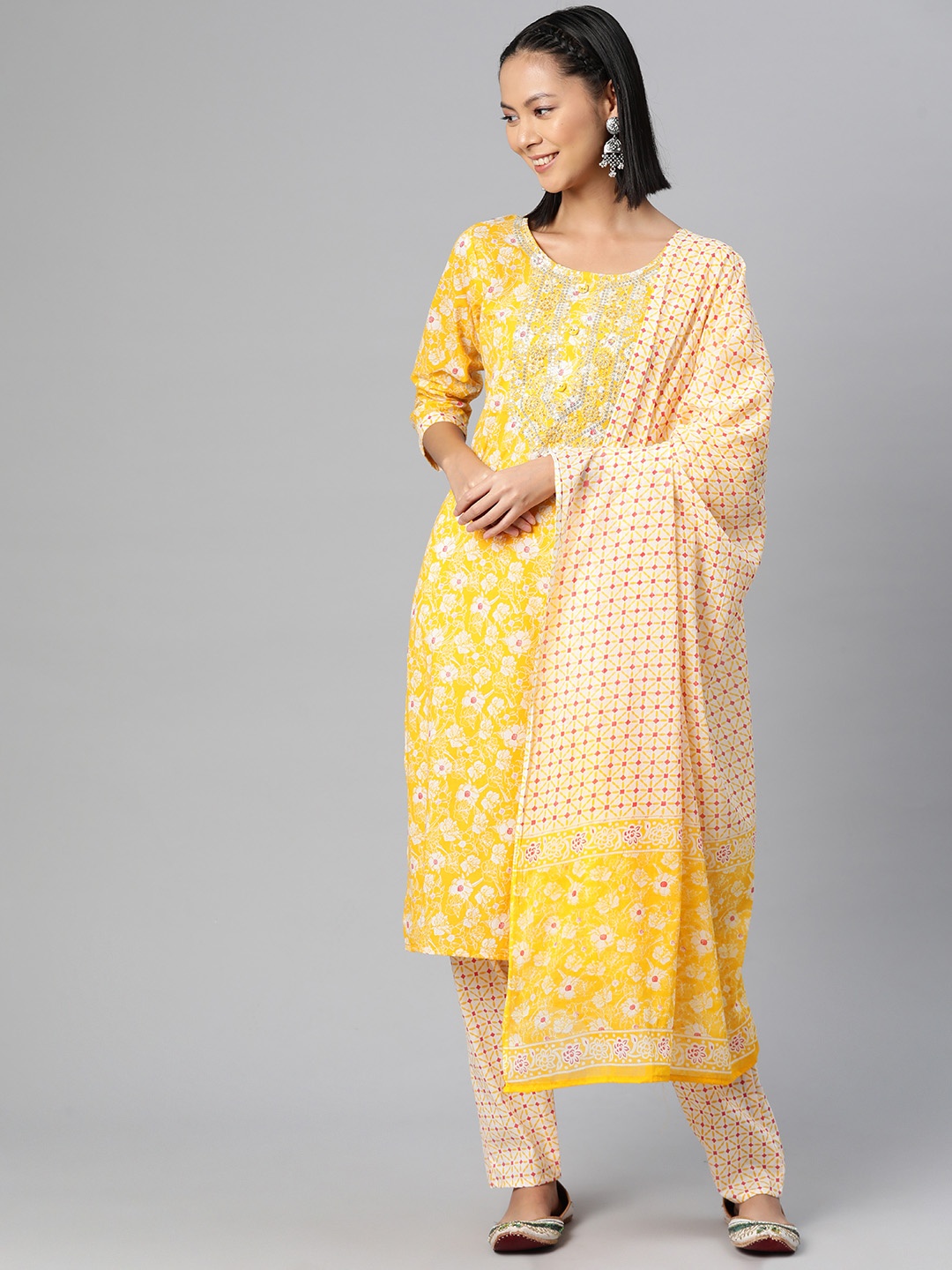 

Readiprint Fashions Women Floral Printed Regular Pure Cotton Kurta with Palazzos & Dupatta, Yellow