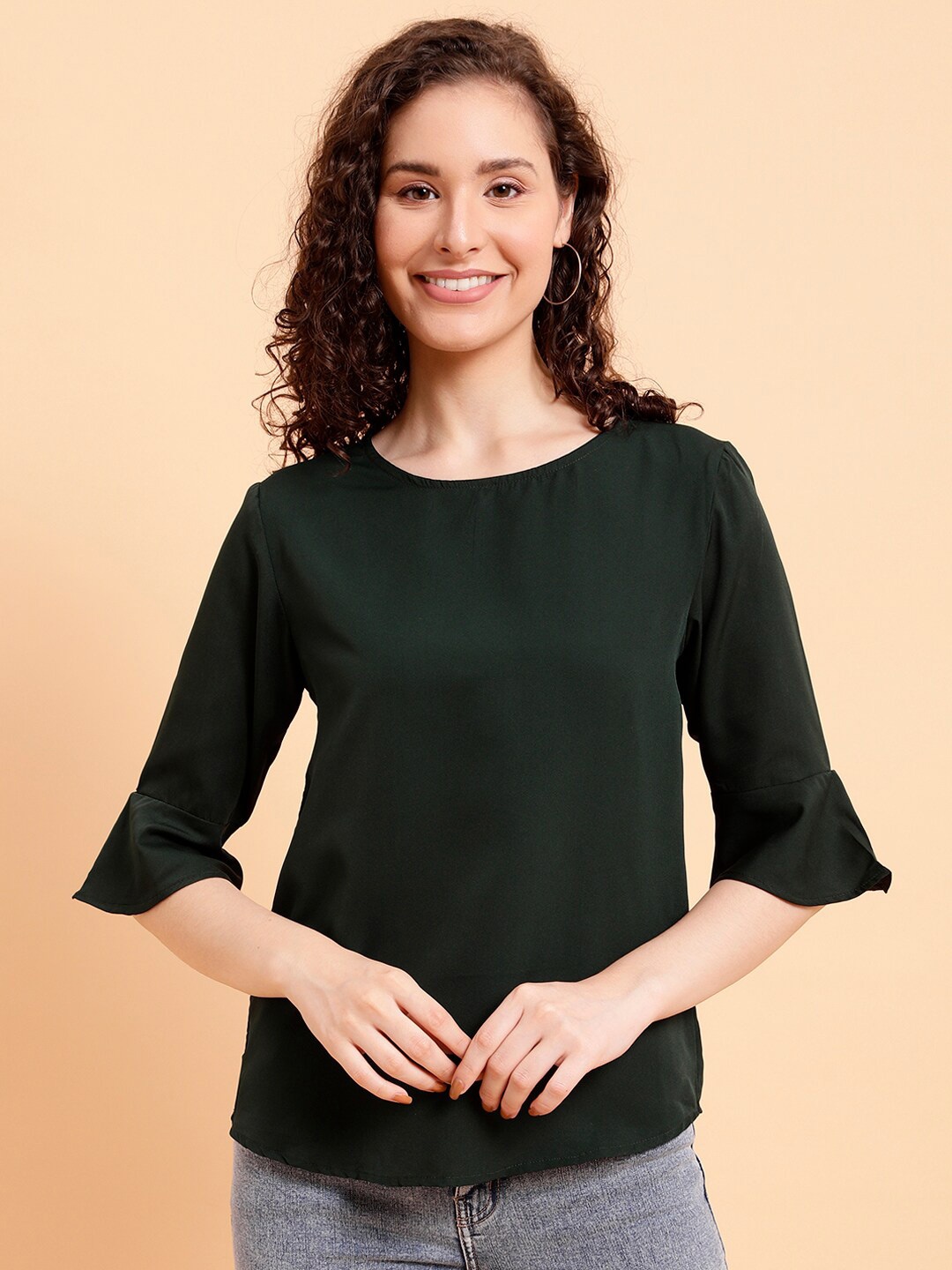 

MINT STREET Round Neck Bell Sleeve Crepe Top, Green