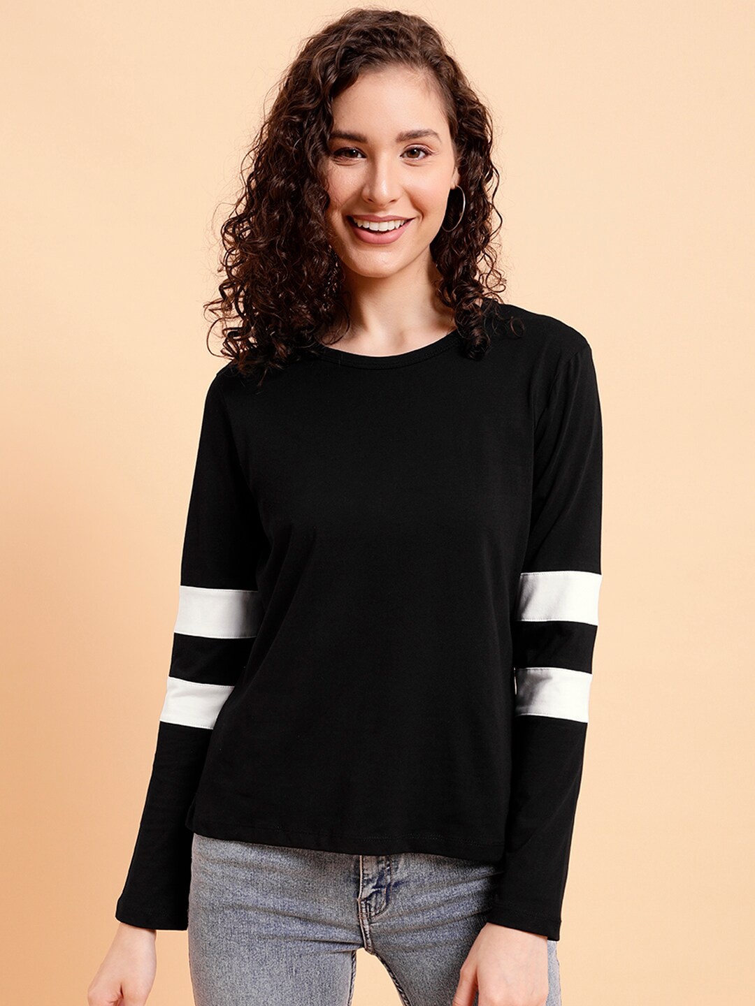 

MINT STREET Striped Round Neck Pure Cotton T-shirt, Black