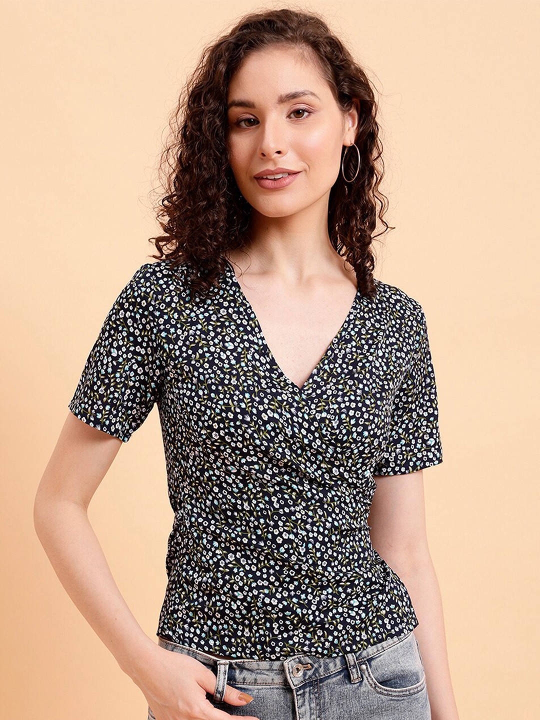 

MINT STREET Floral Printed V-Neck Regular Wrap Top, Black