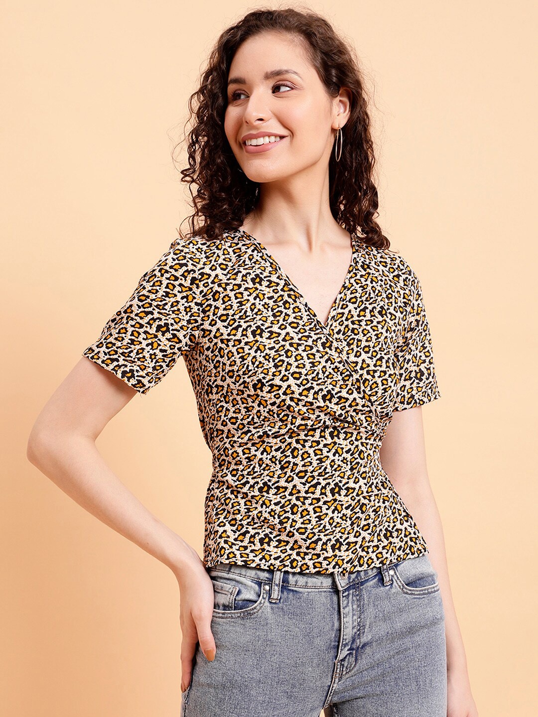 

MINT STREET Animal Printed V-Neck Regular Wrap Top, Black