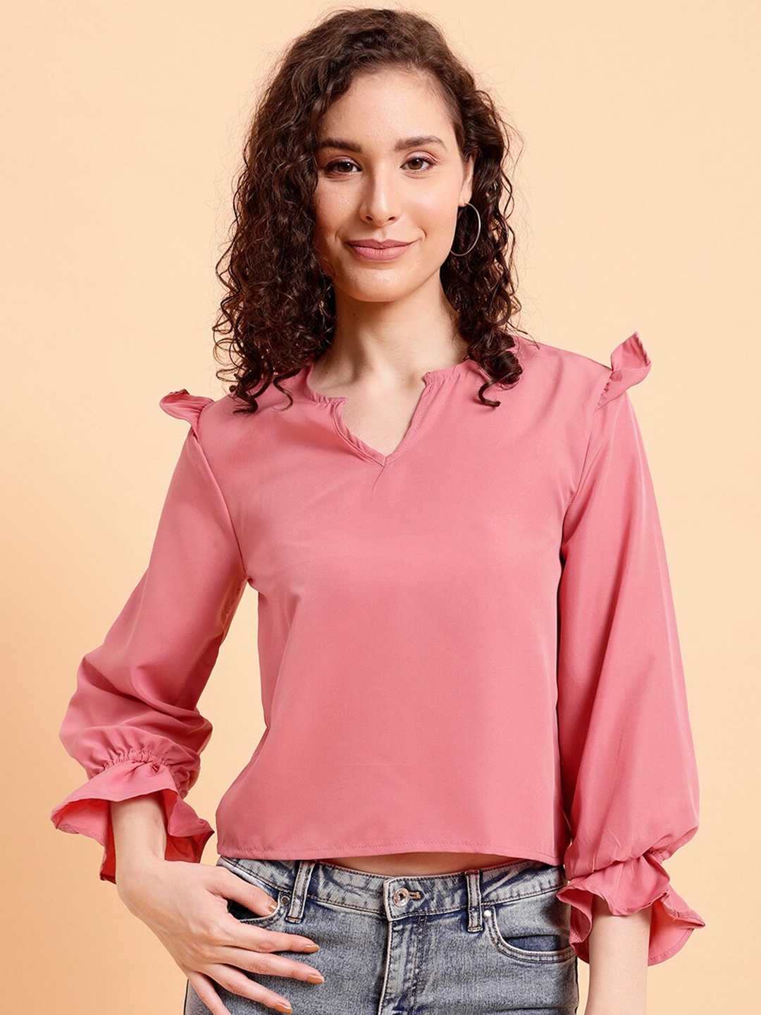

MINT STREET Round Notched Neck Bishop Sleeves Regular Top, Pink