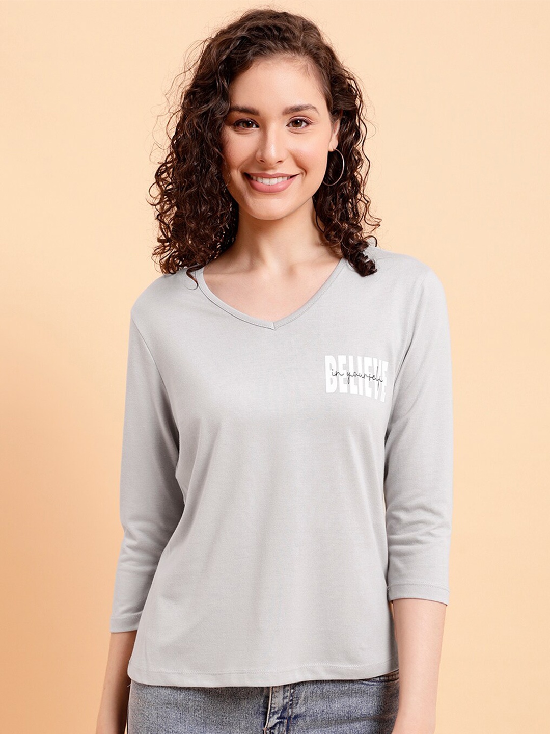 

MINT STREET Typography Printed V-Neck Pure Cotton T-shirt, Grey