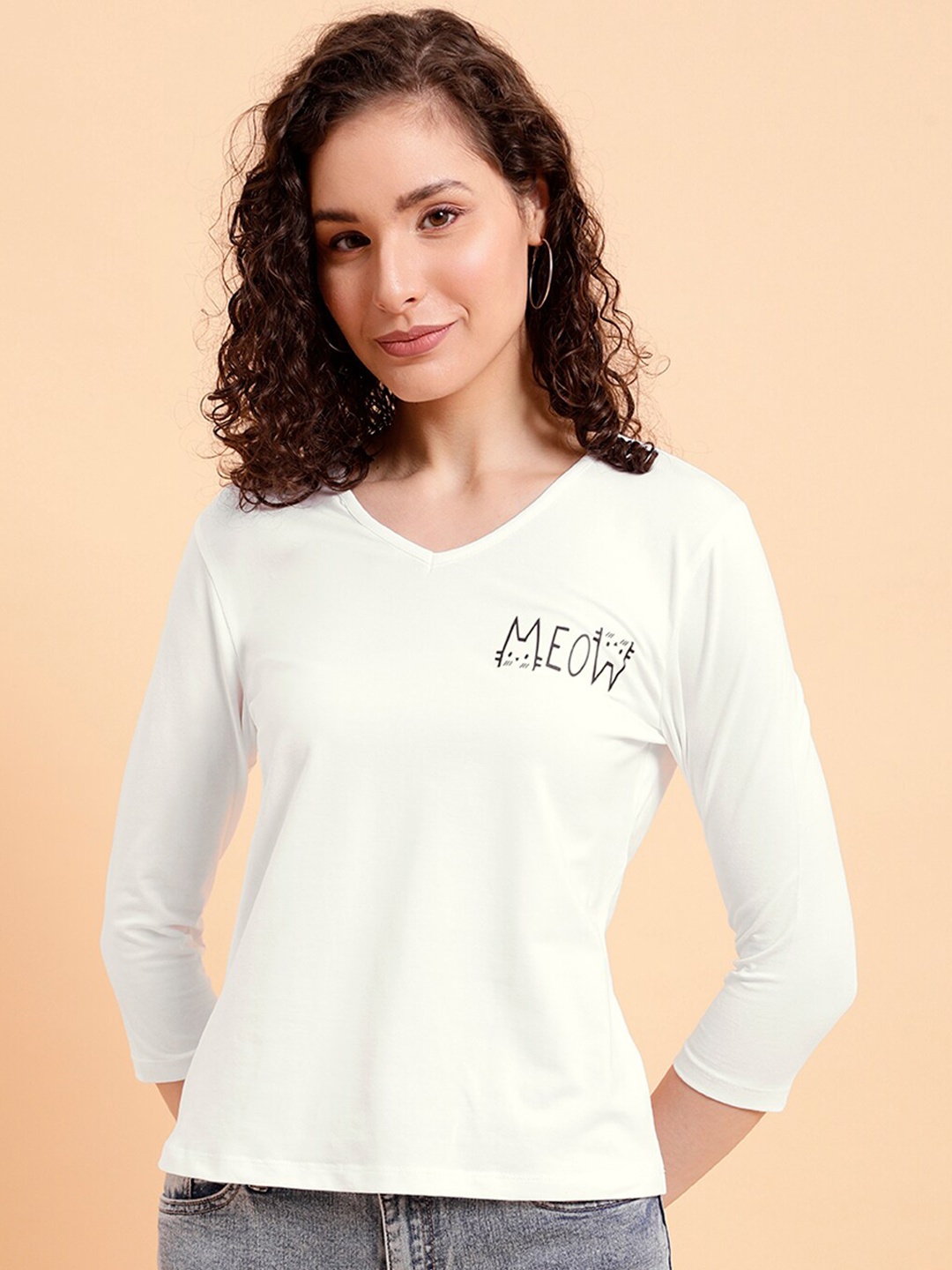 MINT STREET Typography Printed V-Neck Pure Cotton T-shirt, White