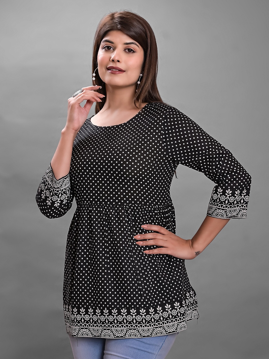 

JAIPUR FASHION MODE Ethnic Printed Longline Peplum Top, Black