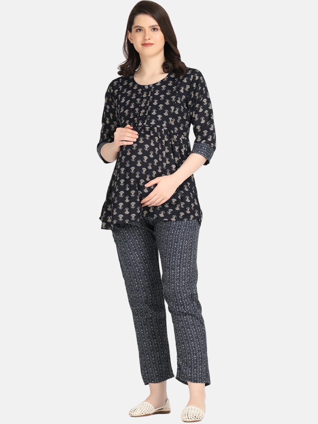KOI SLEEPWEAR Ethnic Motif Printed Tunic With Trousers Maternity Co-Ords, Blue