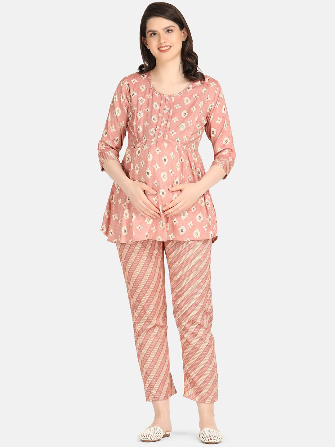

KOI SLEEPWEAR Ethnic Motifs Printed A-Line Maternity Tunic With Trouser Co-Ords, Pink