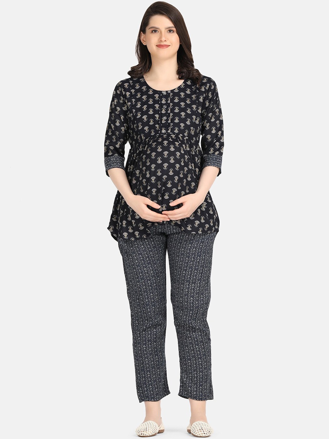 KOI SLEEPWEAR Ethnic Motif Printed Tunic & Trousers Maternity Co-Ords, Blue