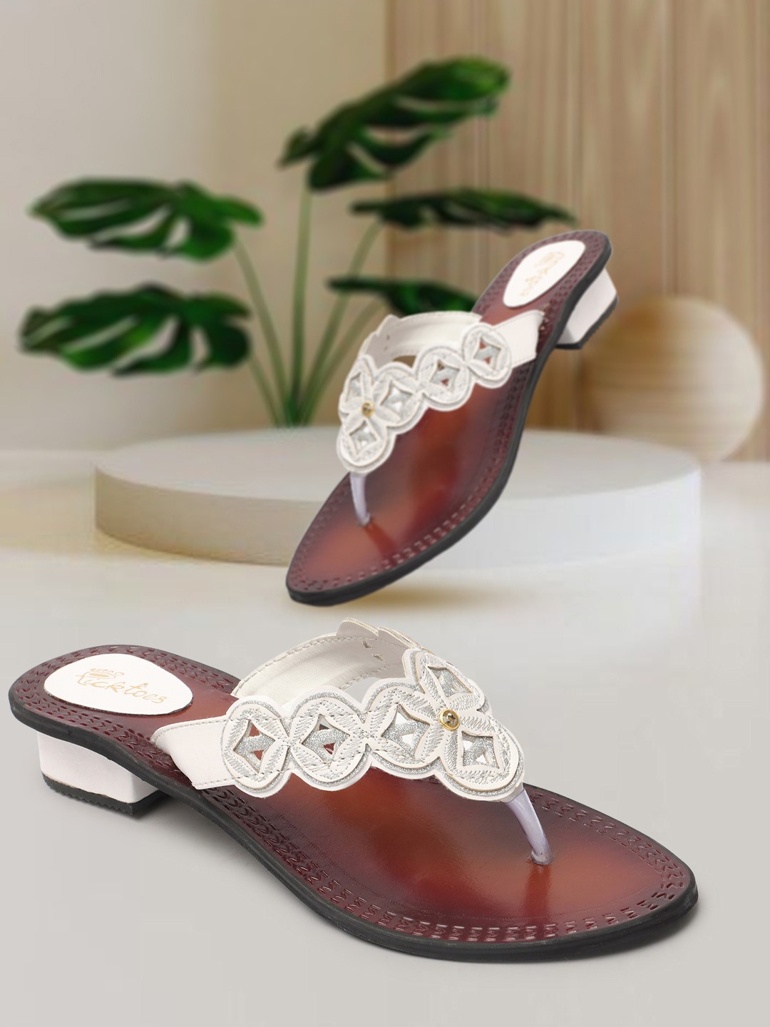 

Picktoes Woven Design Embellished Open Toe Block Heels, White