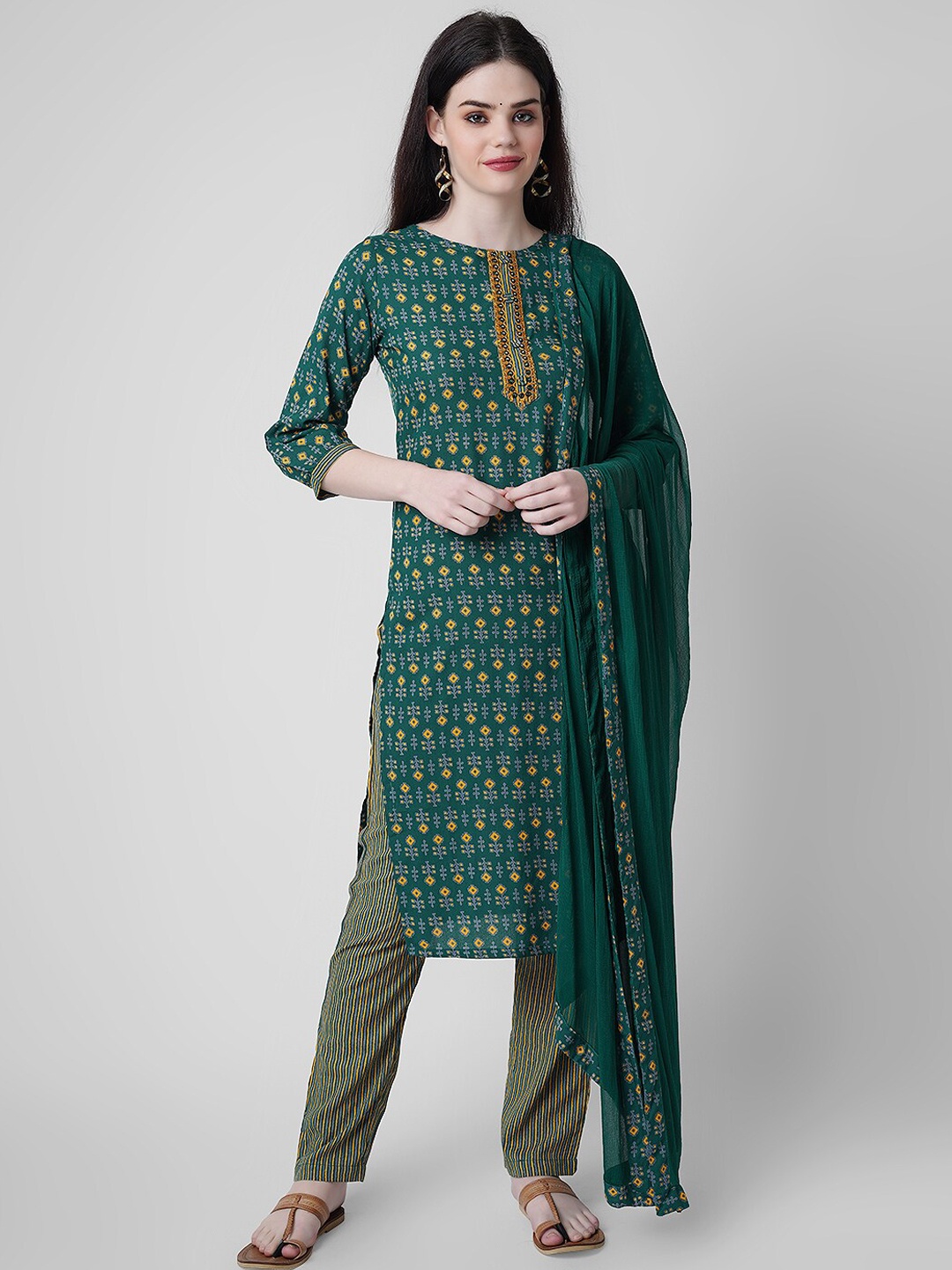 

KALINI Ethnic Motifs Printed Mirror Work Kurta with Trousers & Dupatta, Green