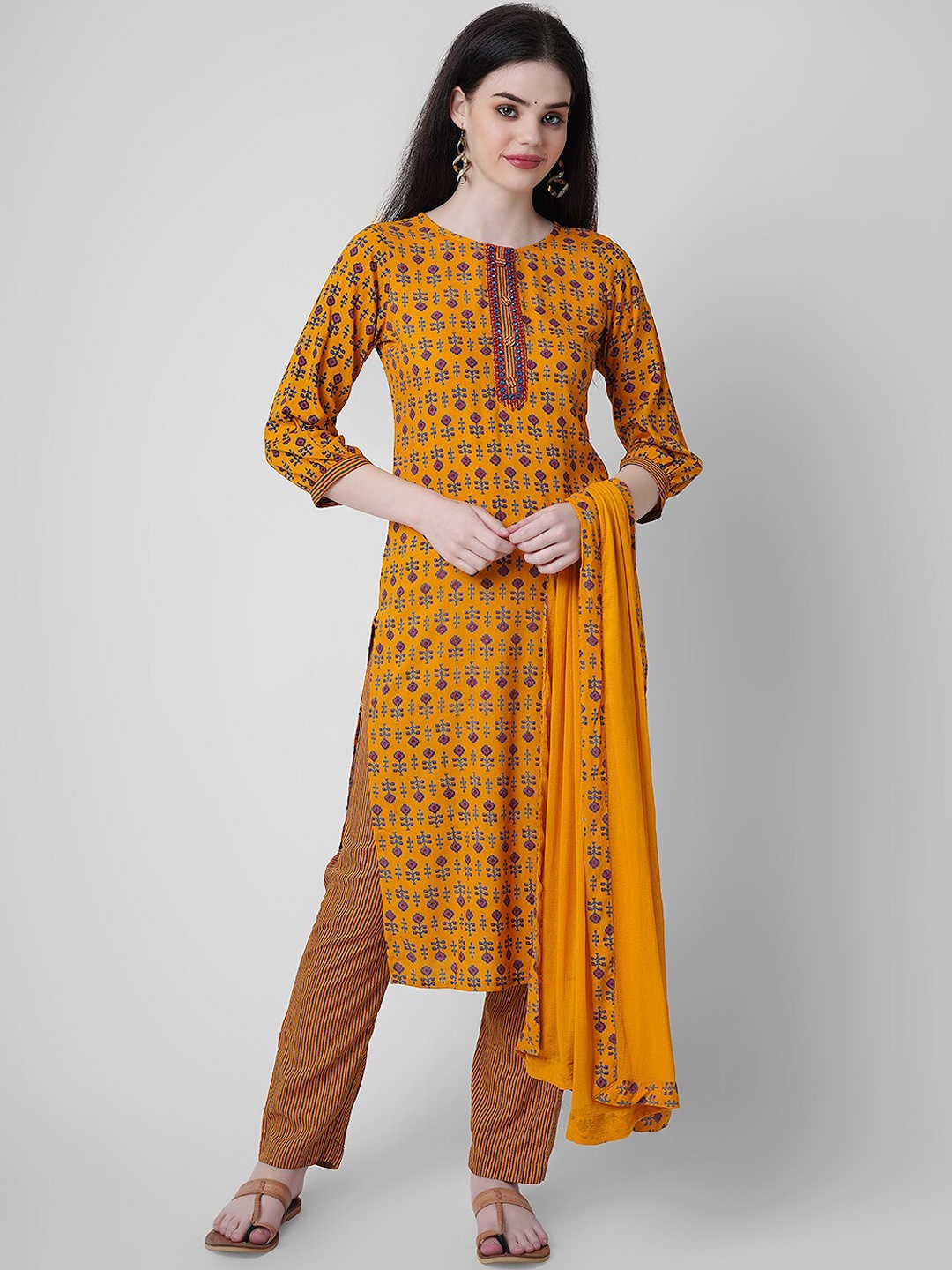 

KALINI Ethnic Motifs Printed Mirror Work Kurta with Trousers & Dupatta, Mustard