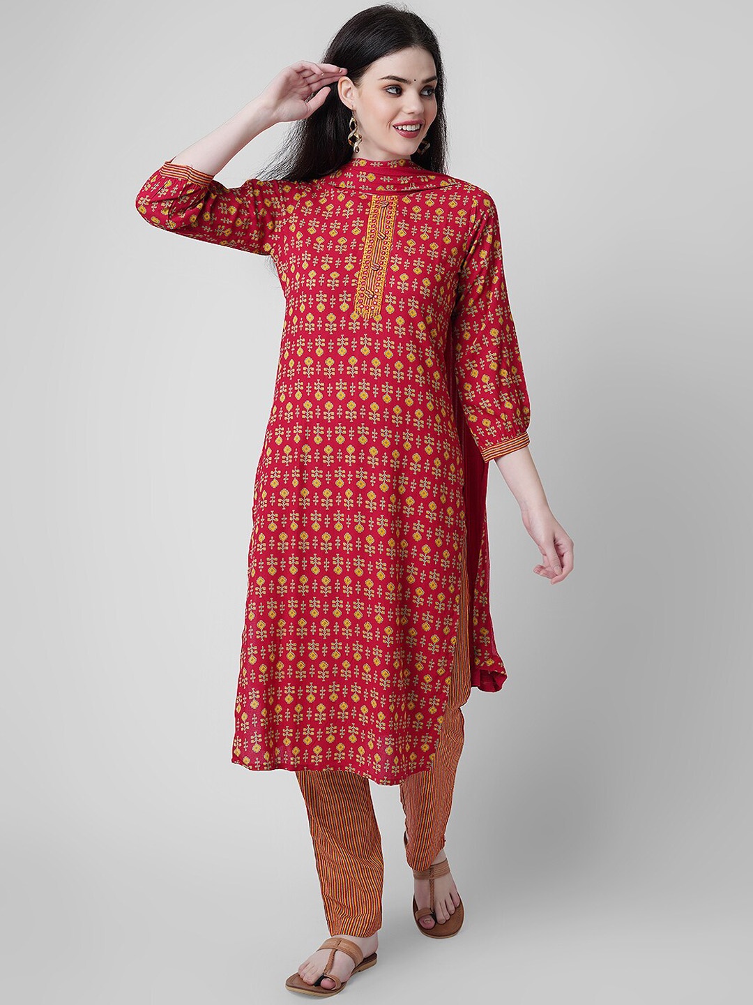 

KALINI Ethnic Motifs Printed Mirror Work Kurta with Trousers & Dupatta, Red