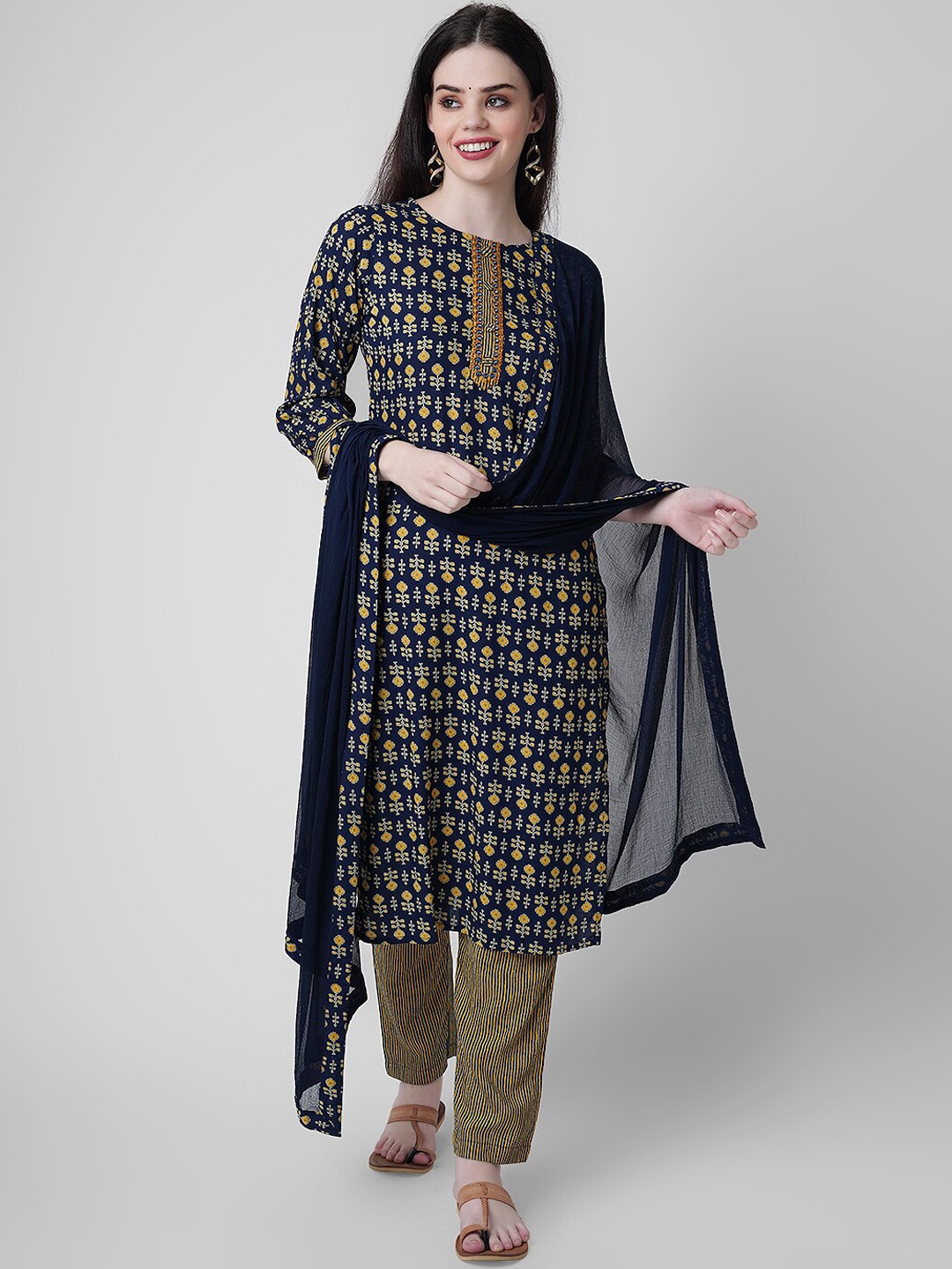 

KALINI Ethnic Motifs Printed Mirror Work Kurta with Trousers & Dupatta, Navy blue
