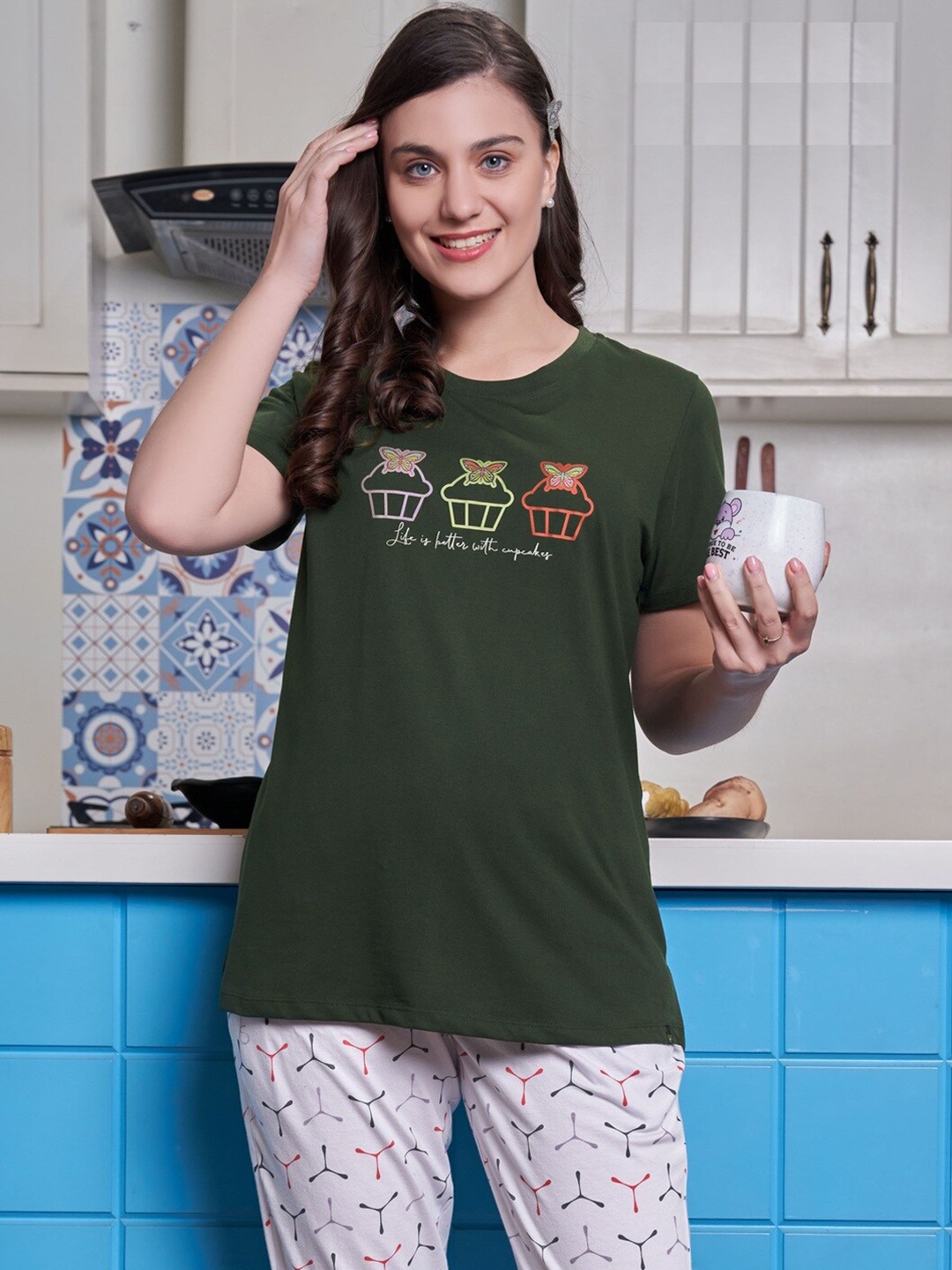 

TITTLI Conversational Printed Night Suit, Green