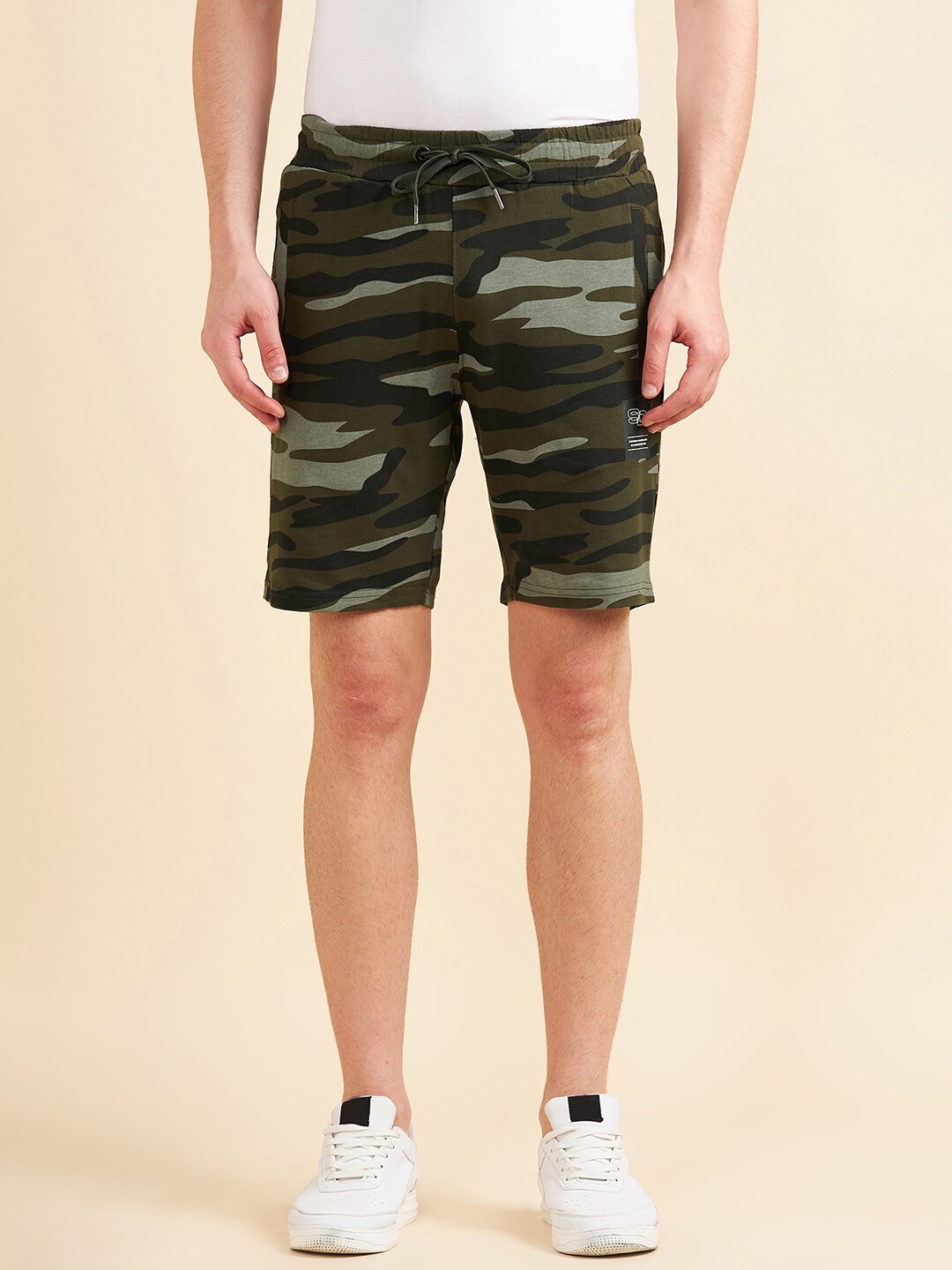 

Sweet Dreams Men Olive Green Camouflage Printed Mid-Rise Cotton Lounge Shorts