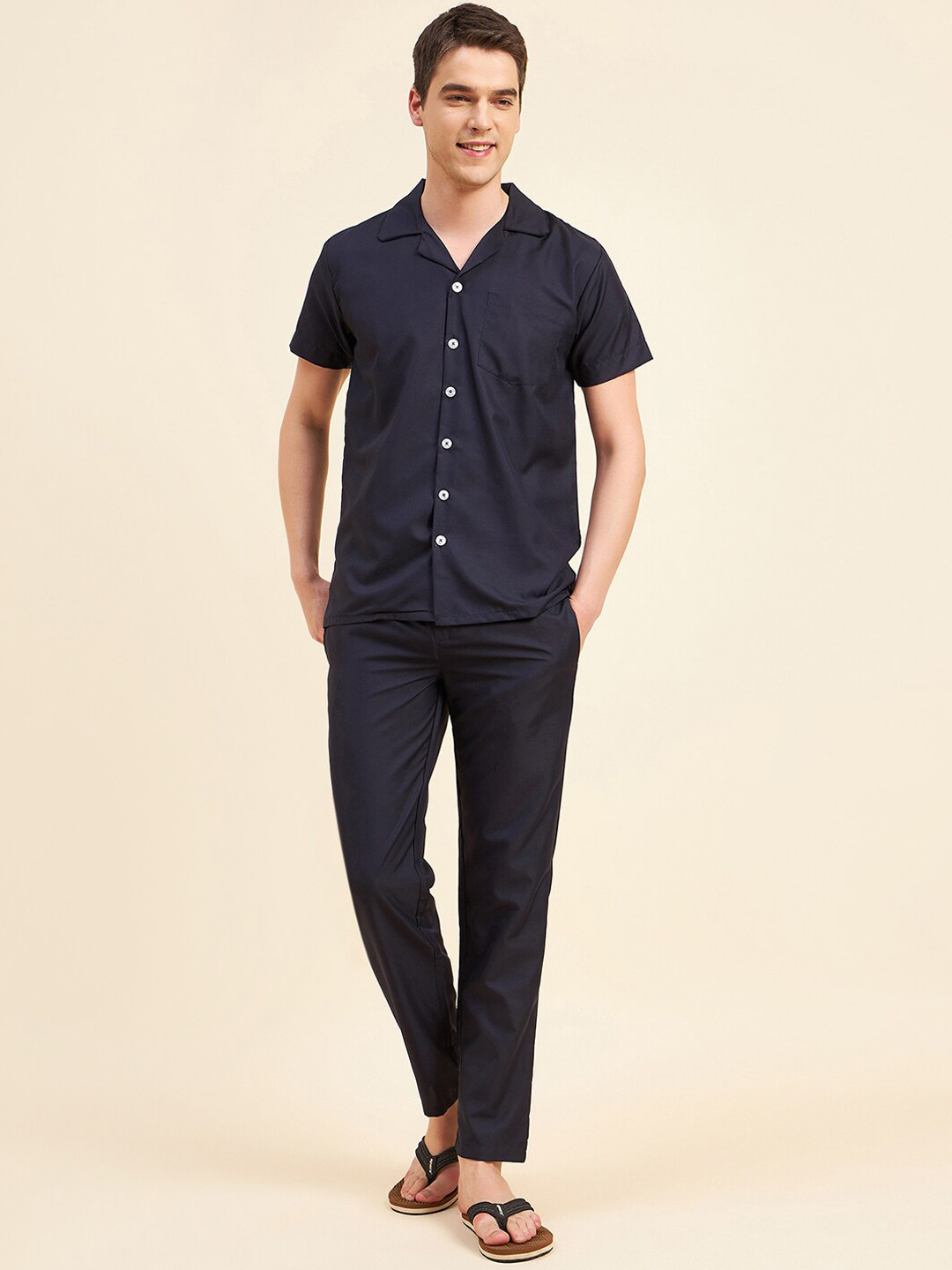 

Sweet Dreams Navy Blue Lapel Collar Night Suit