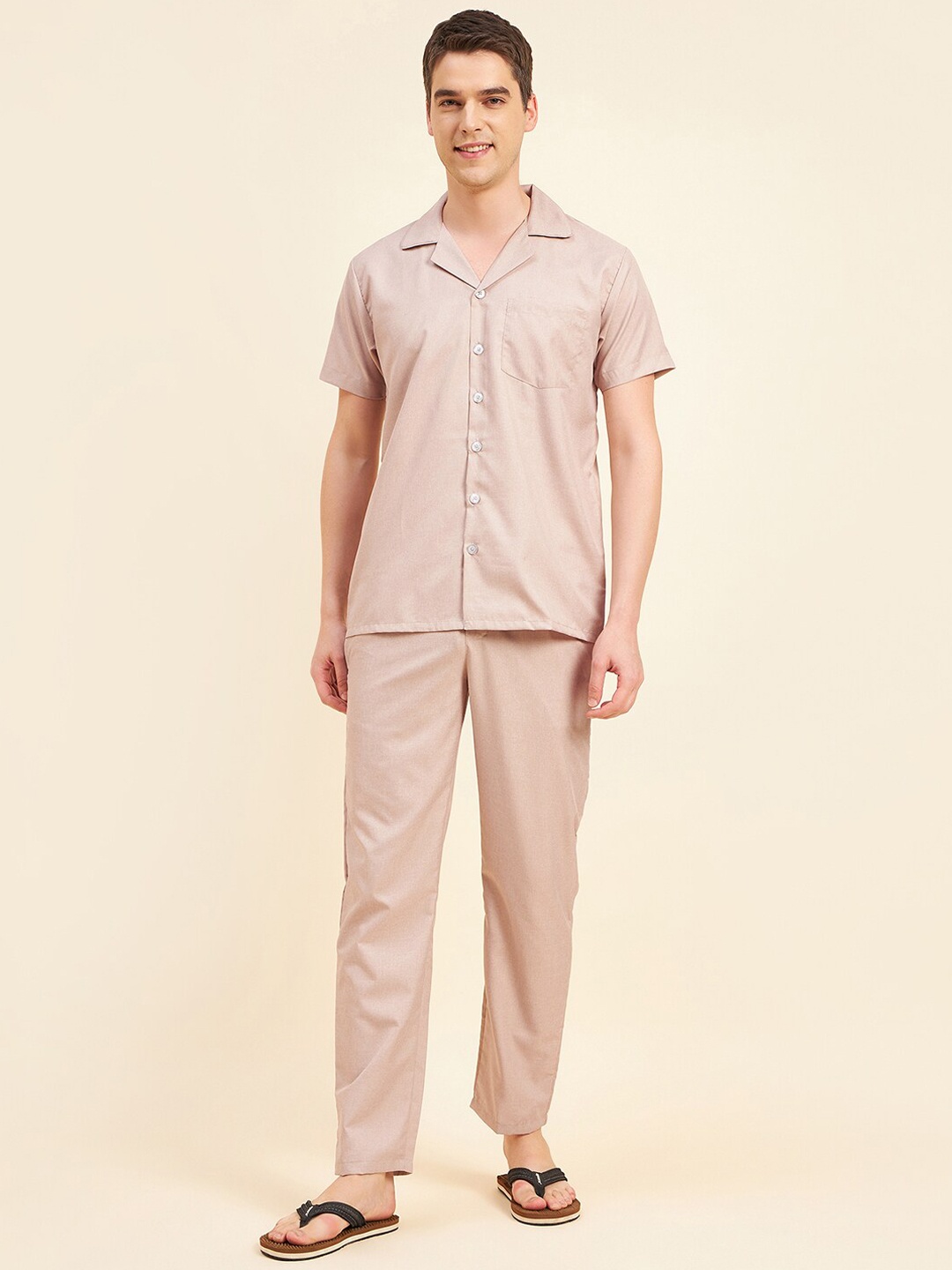 

Sweet Dreams Beige Lapel Collar Night Suit