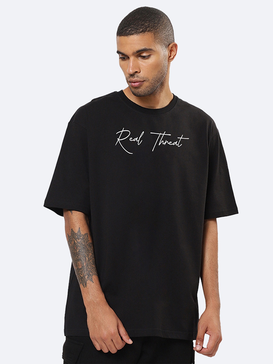 

Mad Over Print Typography Printed Oversized Cotton T-shirt, Black