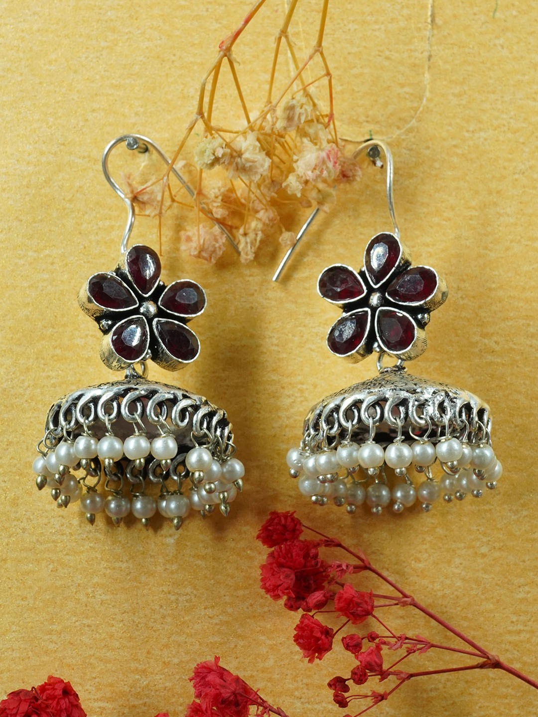 

GRIIHAM Silver-Plated Floral Oxidised Jhumkas