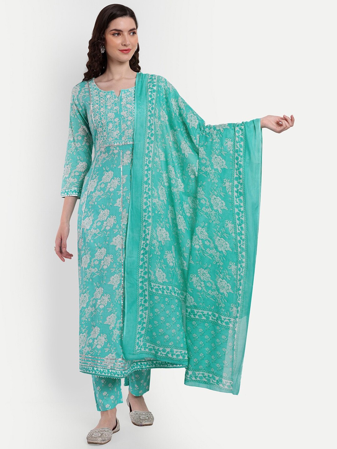

SINGNI Floral Printed Regular Thread Work A-Line Pure Cotton Kurta With Trousers & Dupatta, Turquoise blue