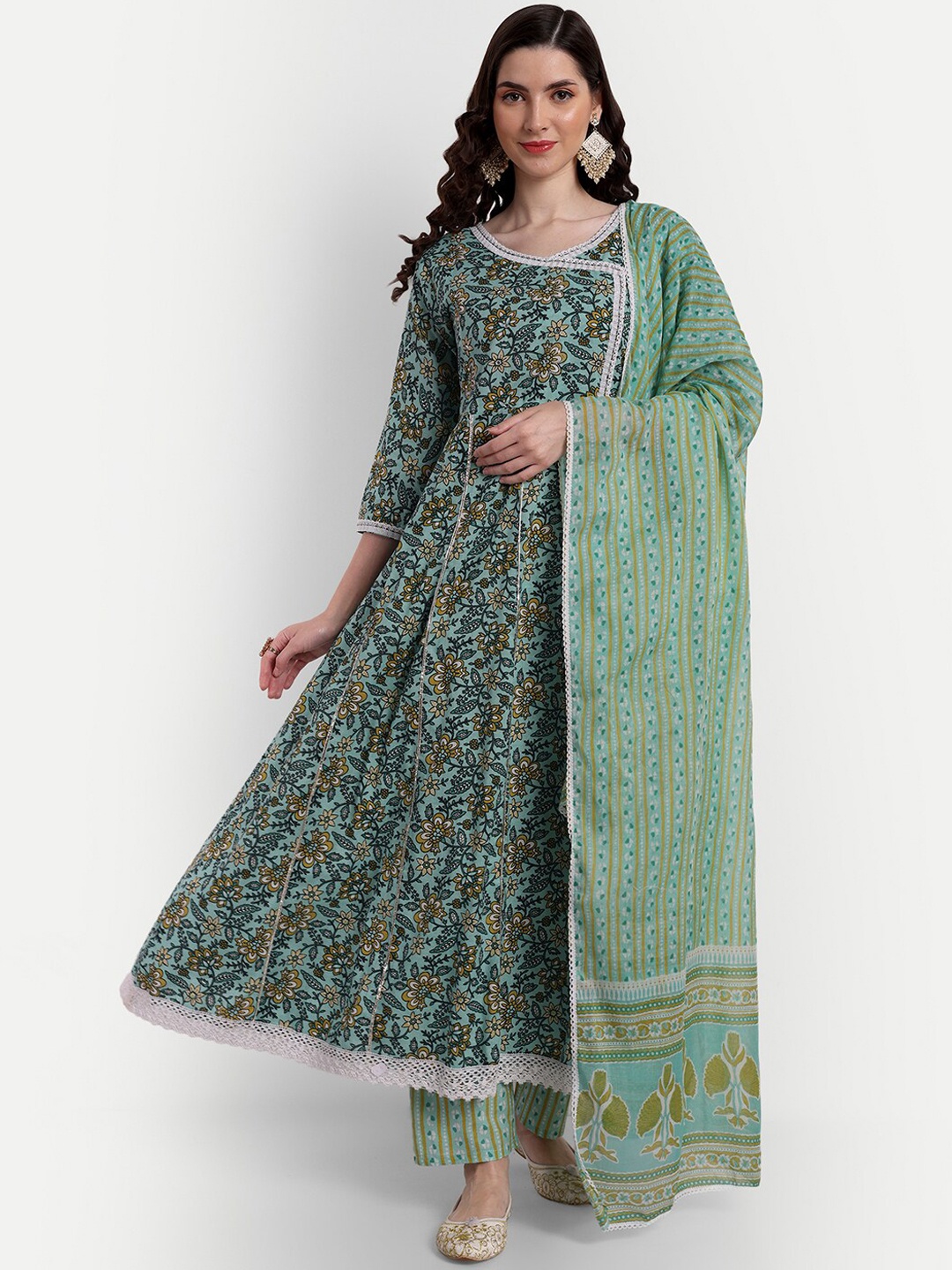 

SINGNI Floral Printed Angrakha Pure Cotton Kurta With Trousers & Dupatta, Green