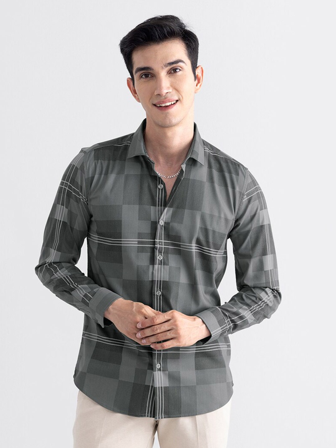 

Snitch Grey Checked Classic Slim Fit Casual Cotton Shirt