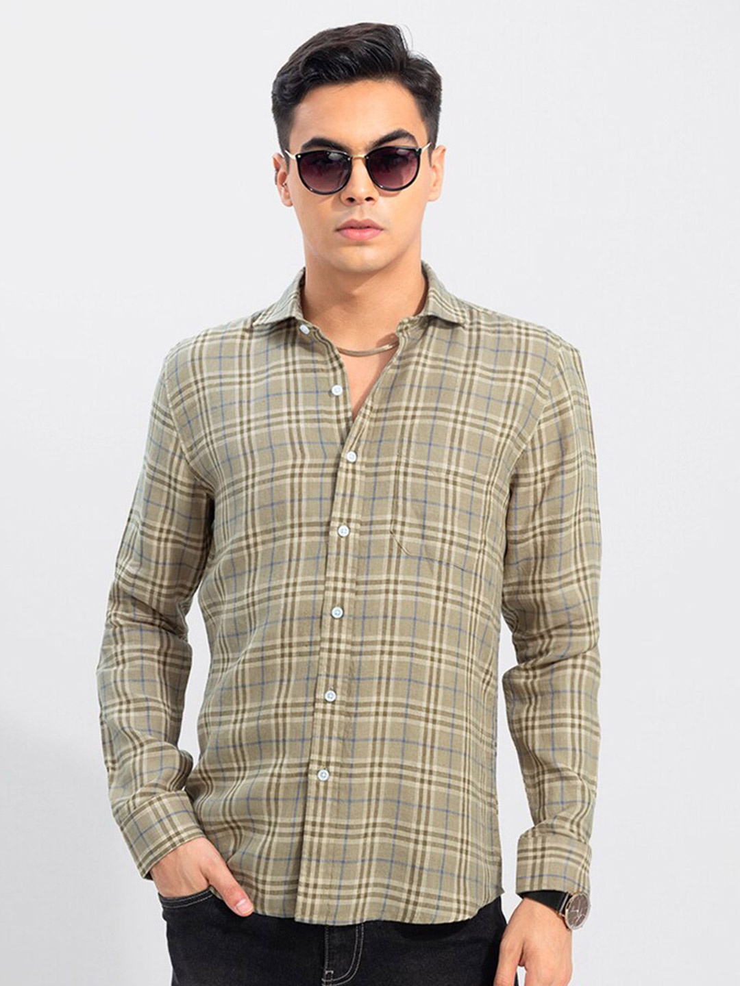 

Snitch Olive Green Checked Classic Slim Fit Cotton Casual Shirt