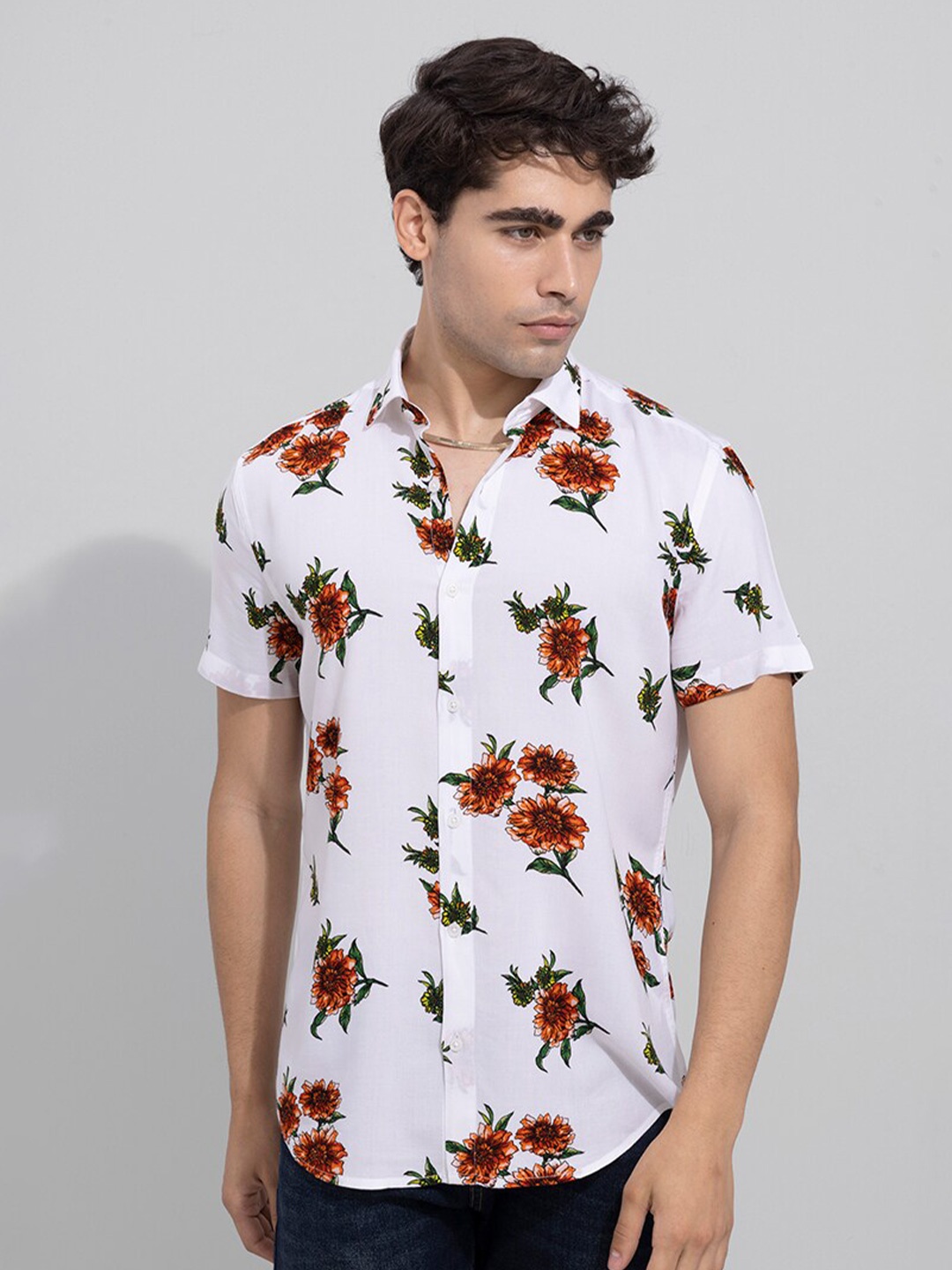 

Snitch Floral Printed Classic Slim Fit Shirt, White