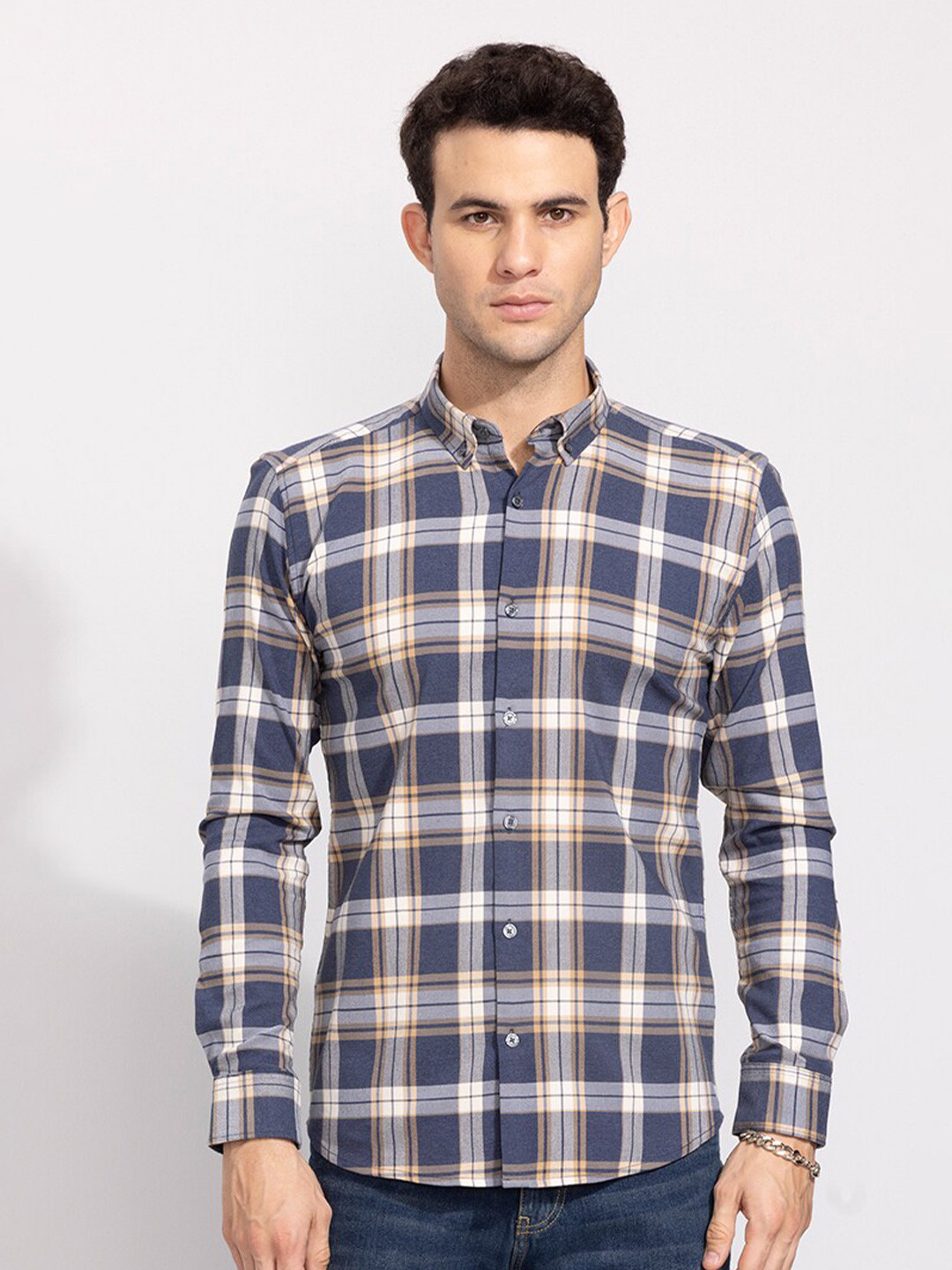 

Snitch Blue Tartan Checked Classic Slim Fit Cotton Casual Shirt